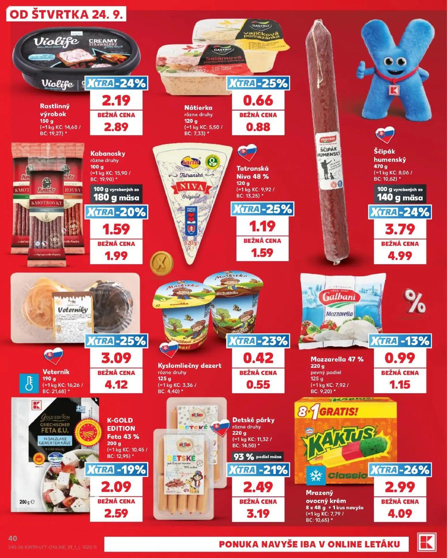 Kaufland leták, strana 40 z 82 — Ščipák humenský, Mrazený ovocný krém Classic, Veternik