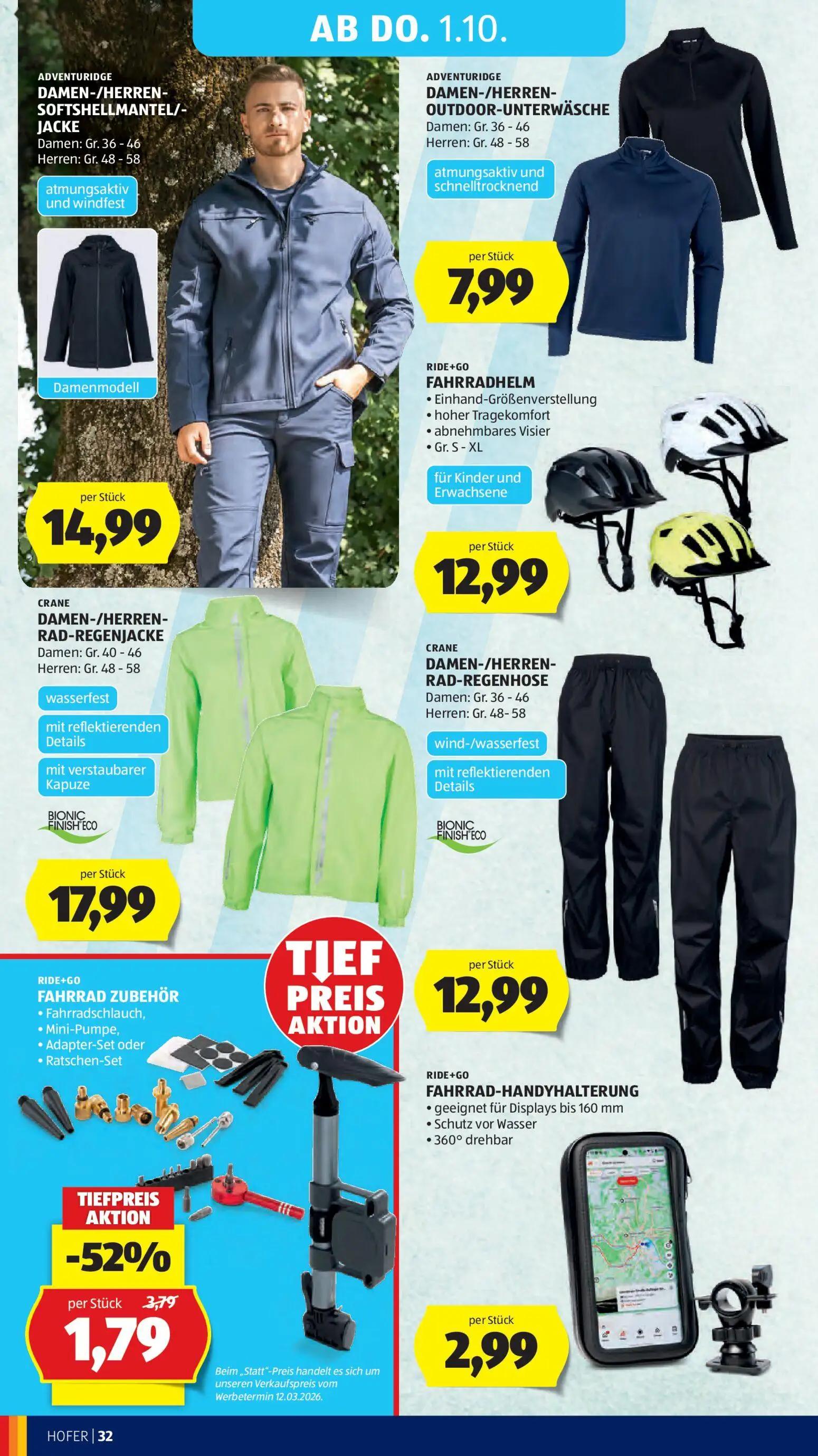 Hofer Prospekt, Seite 40 von 49 — FAHRRAD ZUBEHÖR, DAMEN-/HERREN-SOFTSHELLMANTEL/-JACKE, DAMEN-/HERREN-OUTDOOR-UNTERWÄSCHE