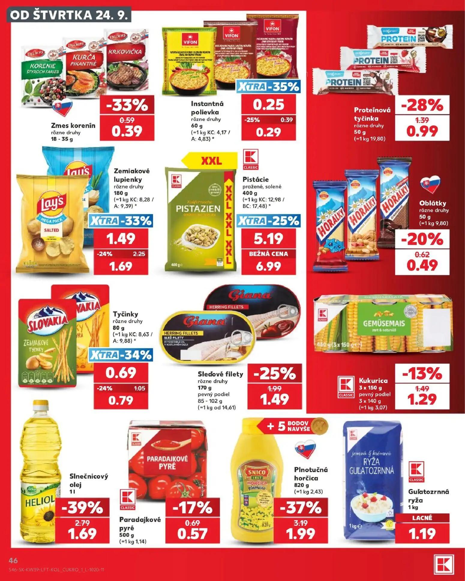 Kaufland leták, strana 46 z 82 — Pistácie pražené, solené, Plnotučná horčica, Slnečnicový olej