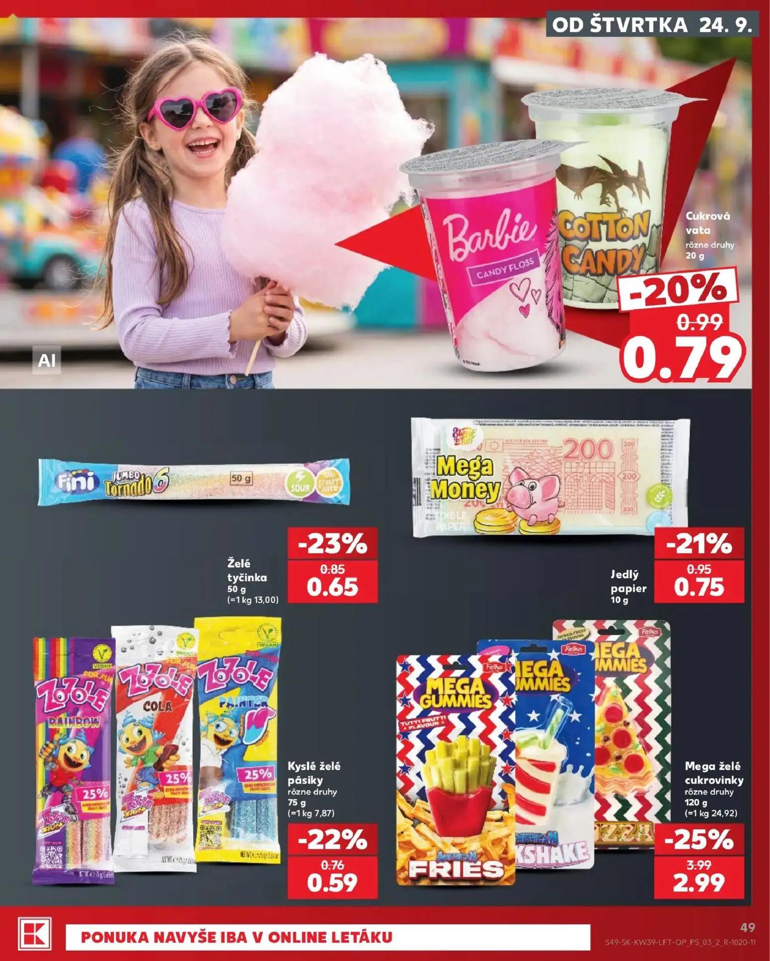 Kaufland leták, strana 49 z 82 — Mega želé cukrovinky rôzne druhy, Cukrová vata rôzne druhy, Želé tyčinka