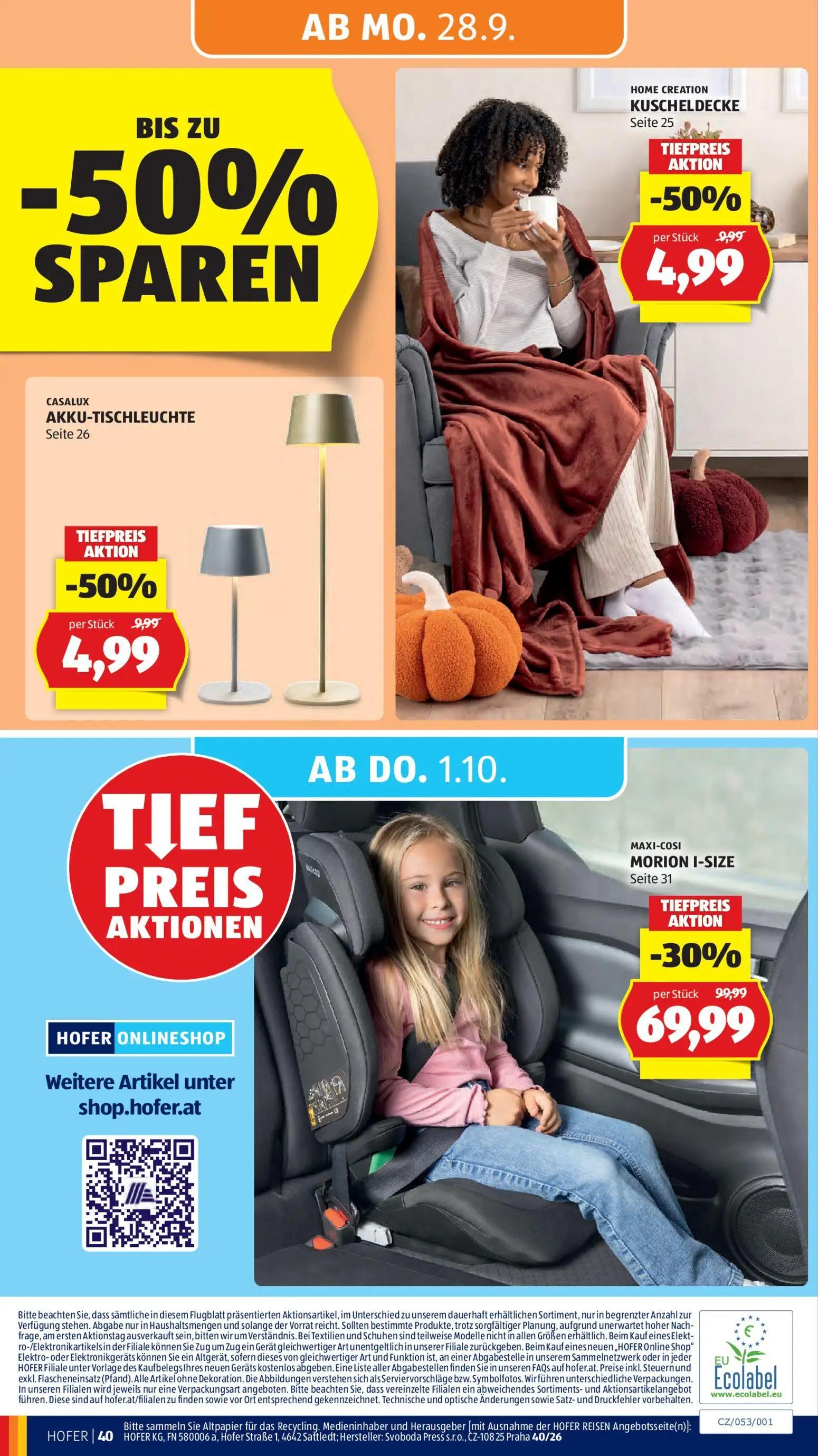 Hofer Prospekt, Seite 48 von 49 — MORION I-SIZE, KUSCHELDECKE, AKKU-TISCHLEUCHTE
