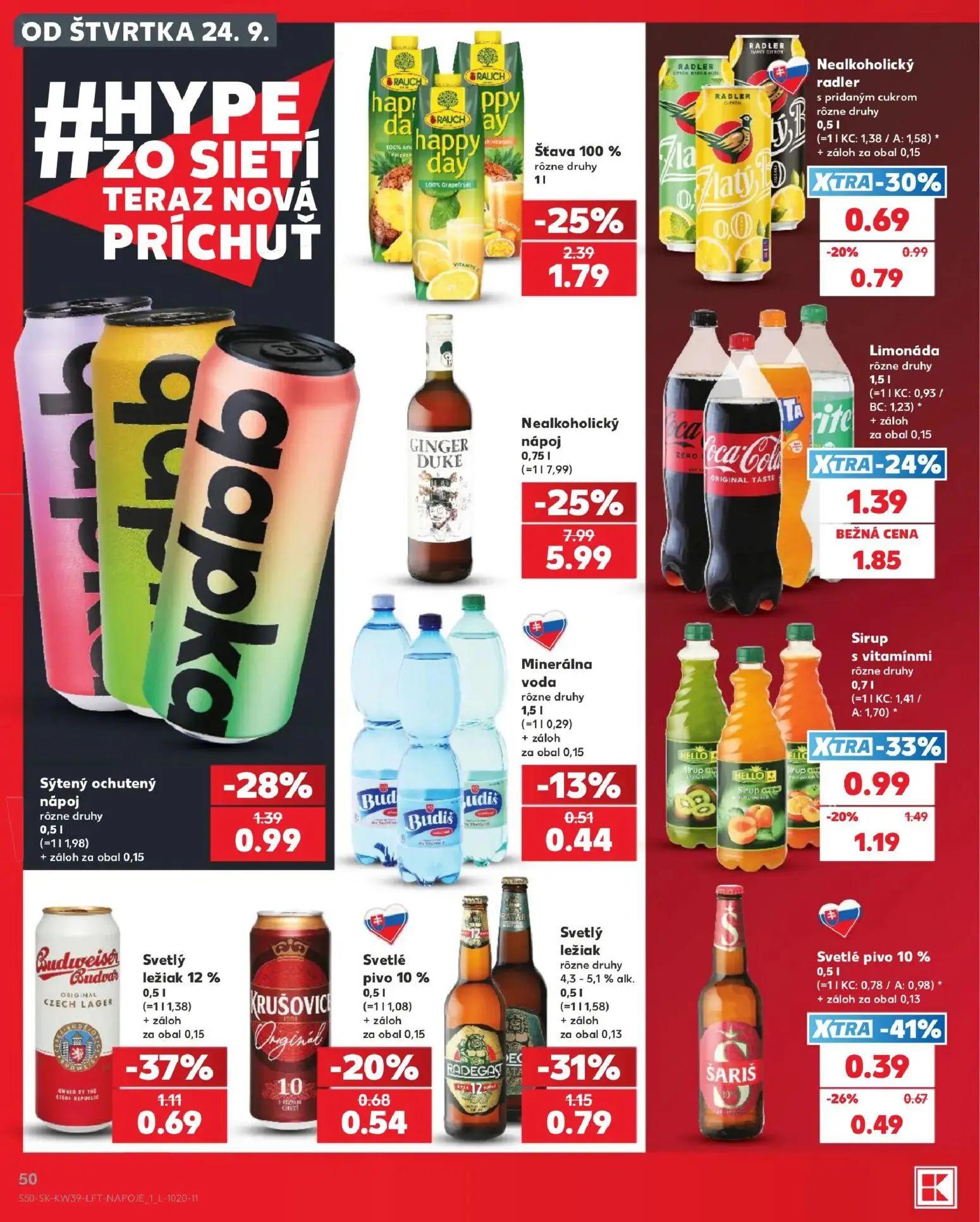 Kaufland leták, strana 50 z 82 — Nealkoholický nápoj, Šťava 100% rôzne druhy, Sirup s vitamínmi rôzne druhy