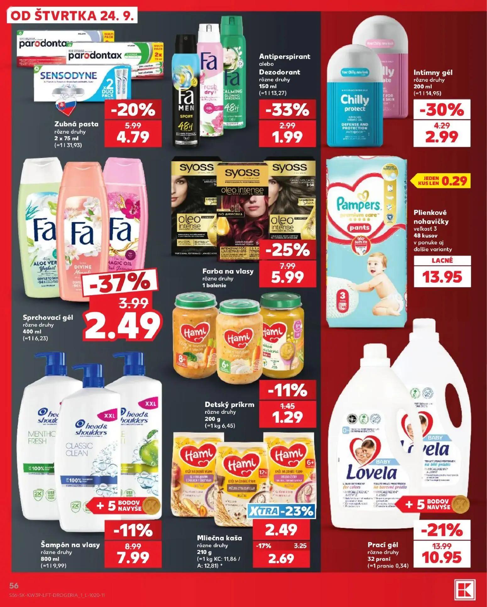 Kaufland leták, strana 56 z 82 — Prací gél, Farba na vlasy, Sprchovací gél