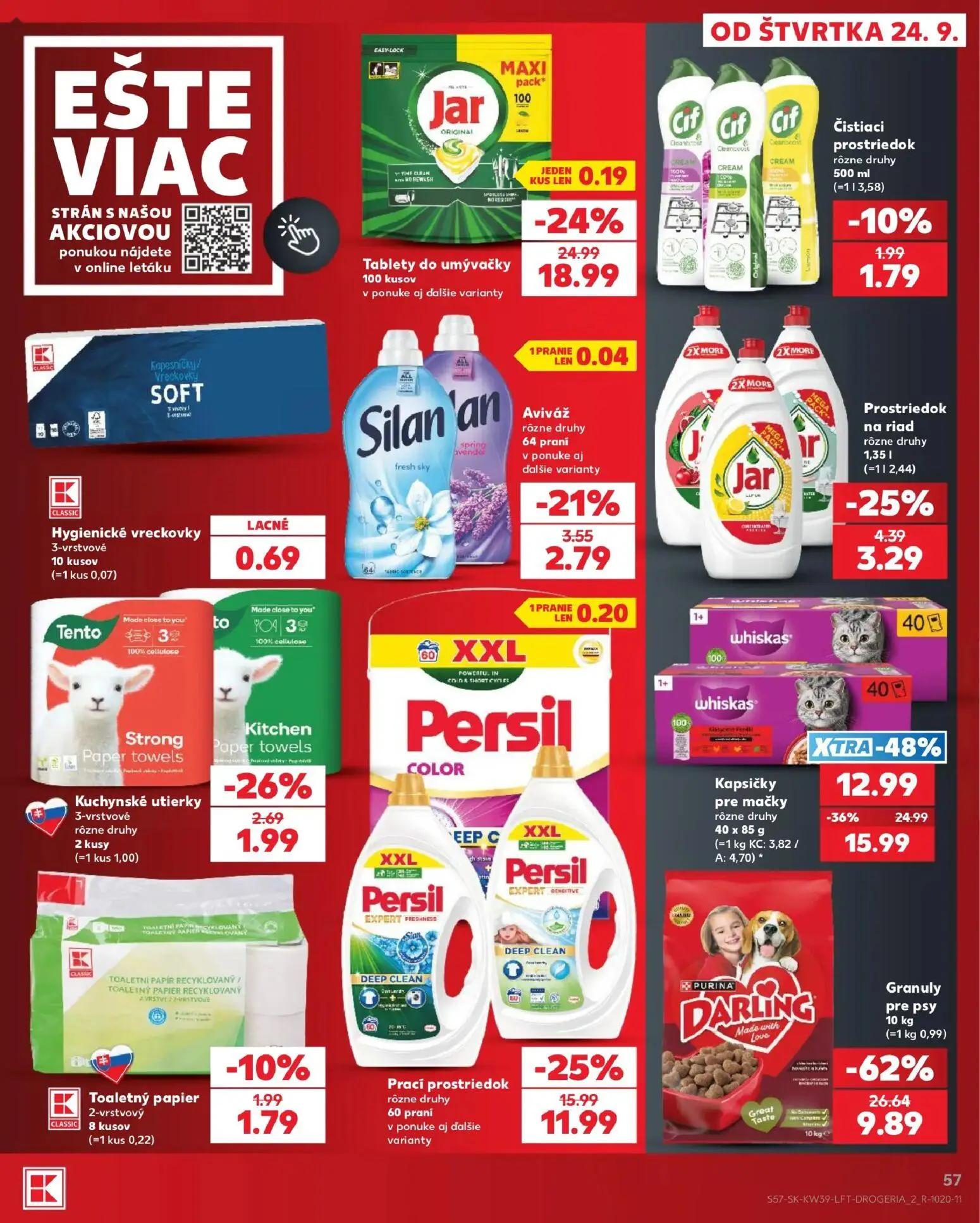 Kaufland leták, strana 57 z 82 — Granuly pre psy Purina Darling, Kapsičky pre mačky Whiskas, Tablety do umývačky