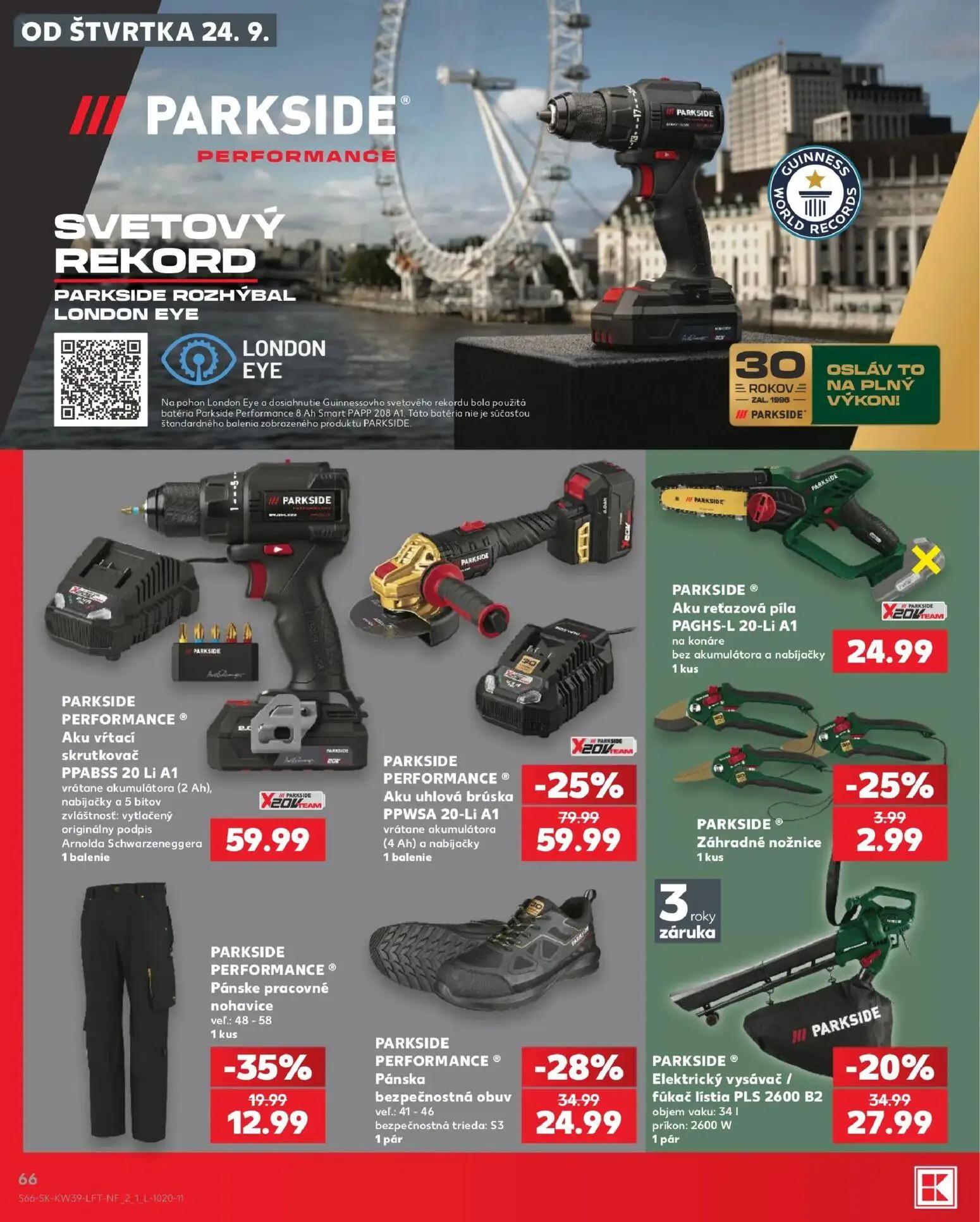 Kaufland leták, strana 66 z 82 — PARKSIDE PERFORMANCE ® Aku uhlová brúska PPWSA 20-Li A1, PARKSIDE PERFORMANCE® Pánska bezpe…