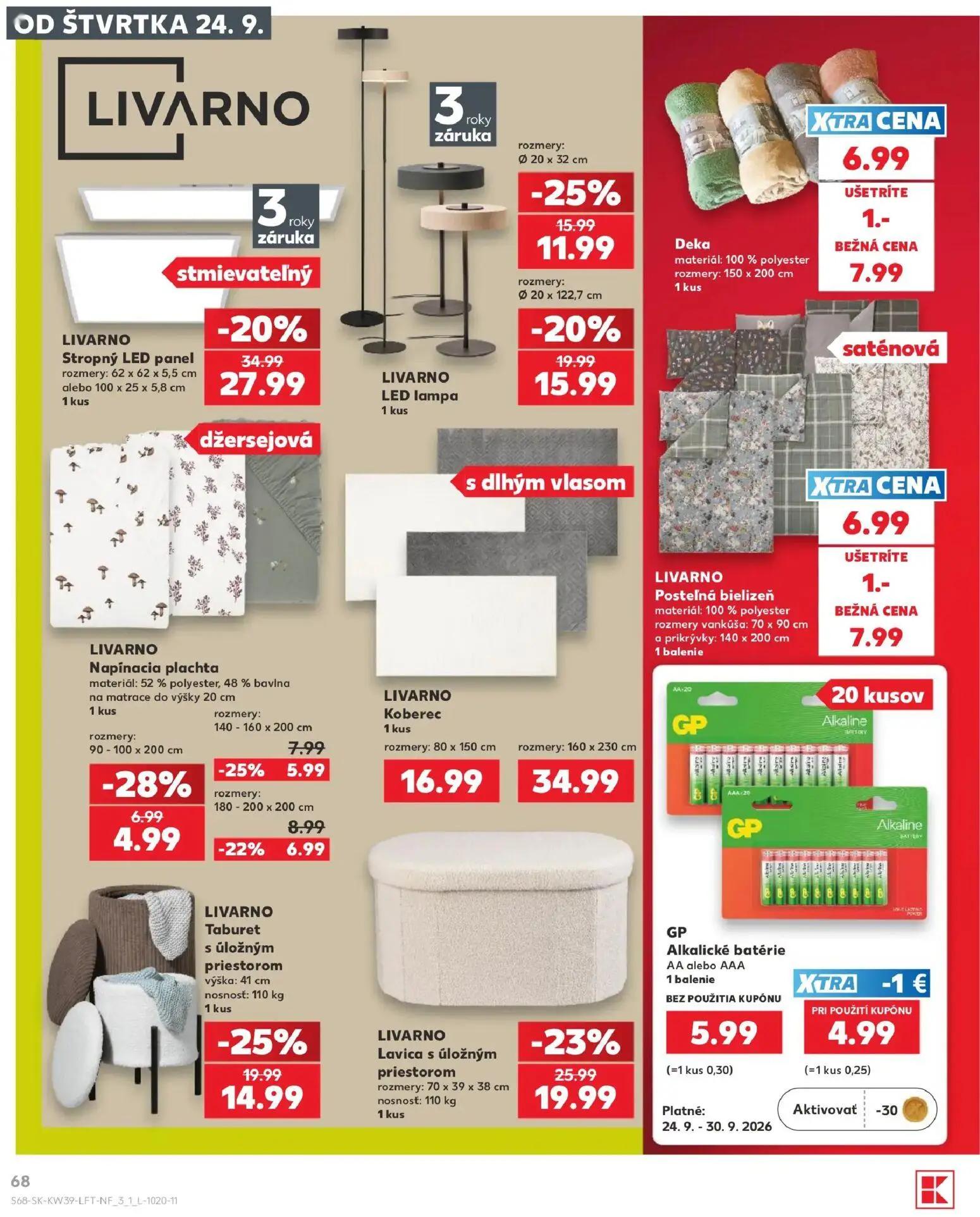 Kaufland leták, strana 68 z 82 — LIVARNO Stropný LED panel, LIVARNO Lavica s úložným priestorom, LIVARNO Taburet s úložným p…