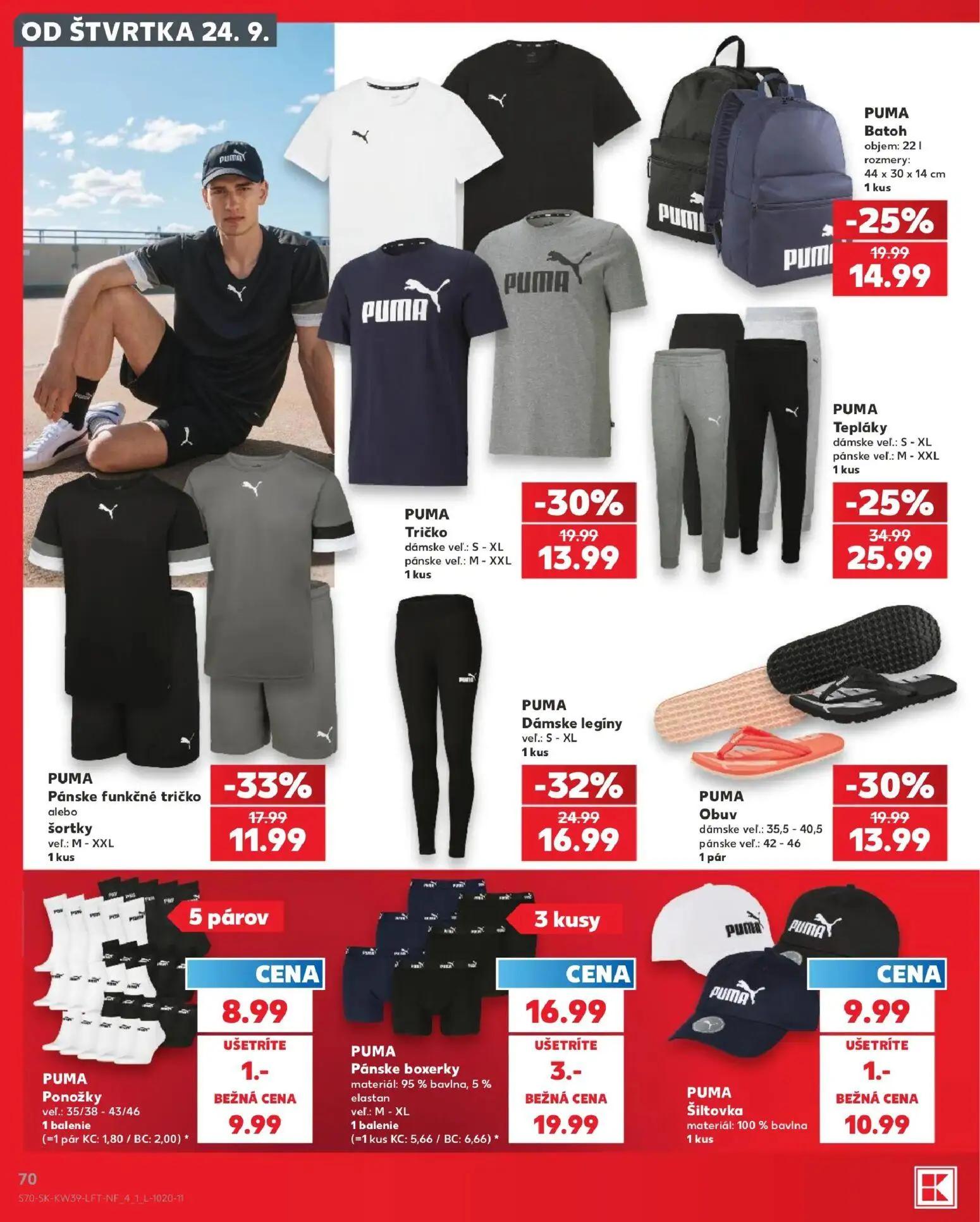 Kaufland leták, strana 70 z 82 — PUMA Tepláky, PUMA Dámske legíny, PUMA Tričko