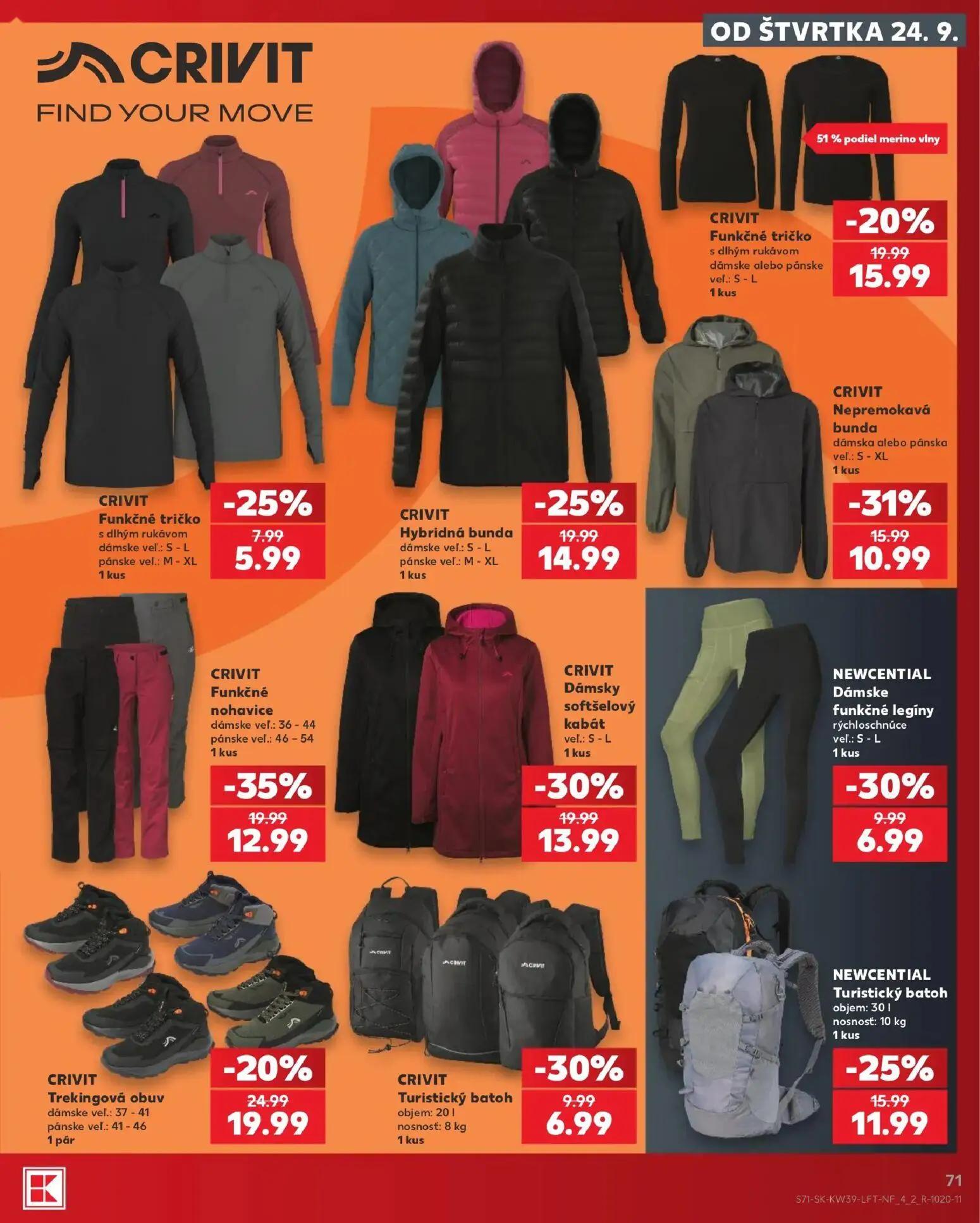 Kaufland leták, strana 71 z 82 — Funkčné nohavice dámske veľ.: 36 - 44 pánske veľ.: 46 - 54, Dámsky softšelový kabát veľ.: S…