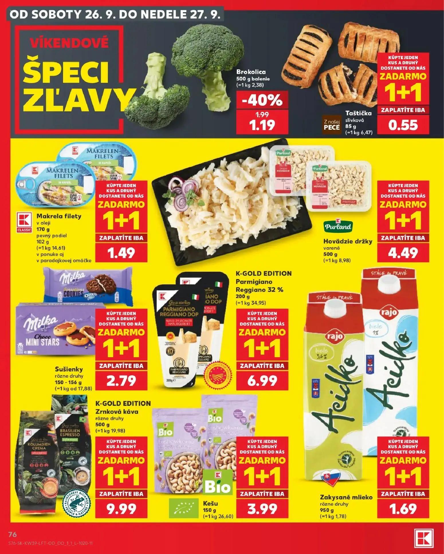 Kaufland leták, strana 76 z 82 — Brokolica, Taštička slivková, Makrela filety v oleji