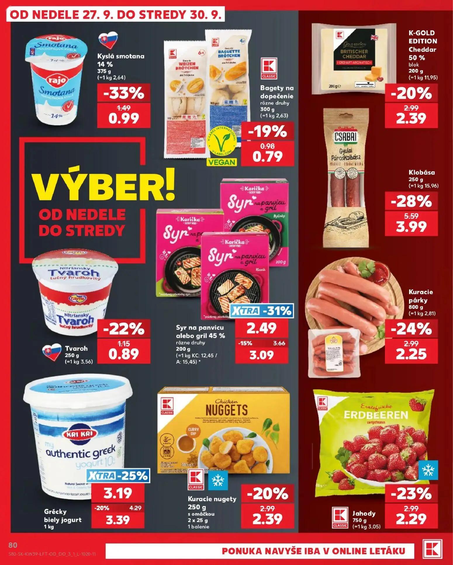 Kaufland leták, strana 80 z 82 — Klobása, Syr na panvicu alebo gril 45 % rôzne druhy, Grécky biely jogurt