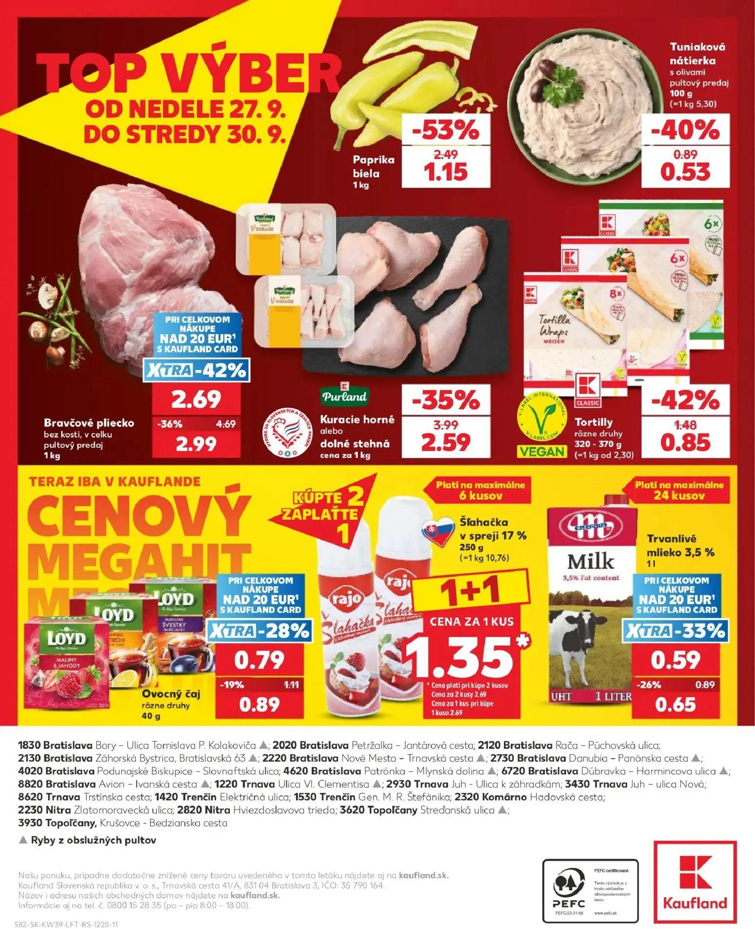Kaufland leták, strana 82 z 82 — Bravčové pliecko bez kosti, v celku pultový predaj, Kuracie horné alebo dolné stehná, Papri…