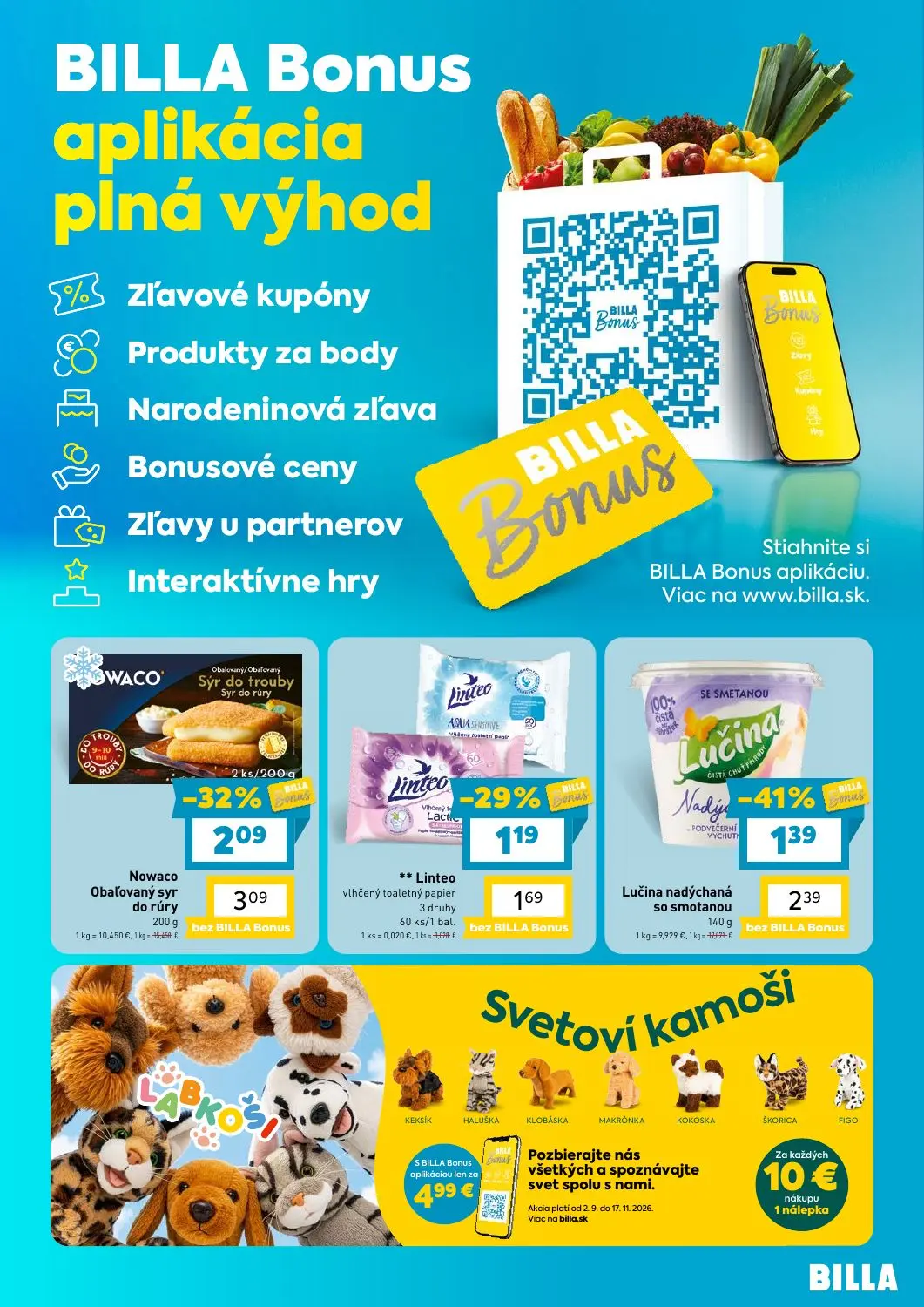 Billa leták, strana 3 z 4 — Nowaco Obaľovaný syr do rúry, Lučina nadýchaná so smotanou, ** Linteo vlhčený toaletný papier
