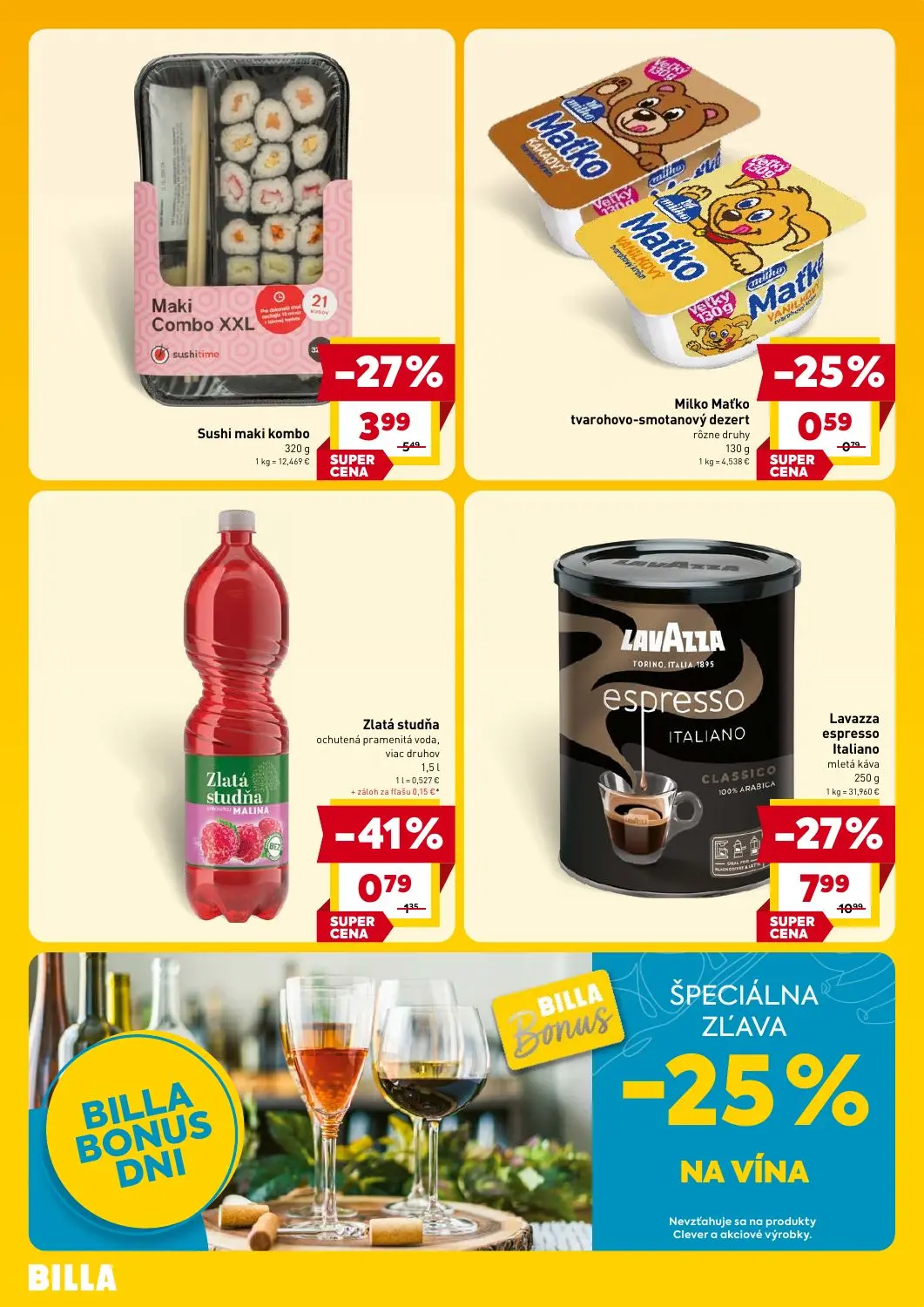 Billa leták, strana 4 z 4 — Lavazza espresso Italiano mletá káva, Sushi maki kombo, Zlatá studňa ochutená pramenitá voda