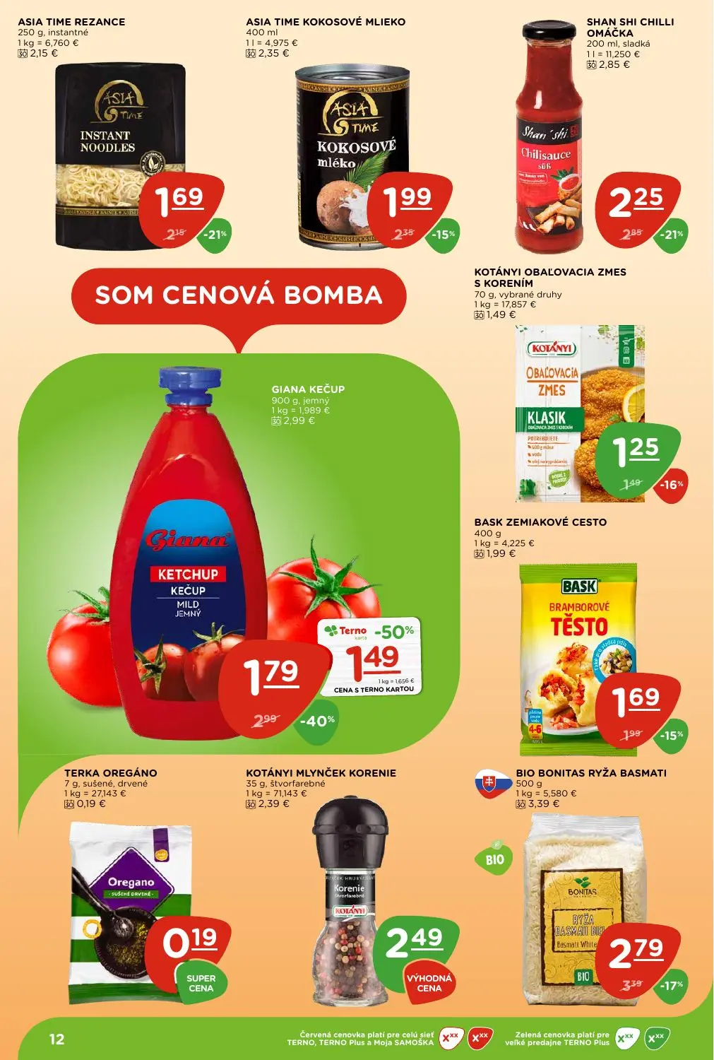 Terno leták, strana 12 z 28 — GIANA KEČUP, SHAN SHI CHILLI OMÁČKA, BIO BONITAS RYŽA BASMATI