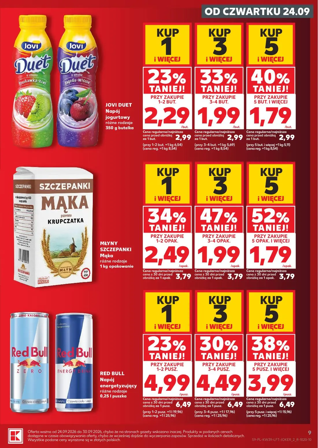 Kaufland gazetka, strona 9 z 69 — RED BULL Napój energetyzujący różne rodzaje, MŁYNY SZCZEPANKI Mąka różne rodzaje, JOVI DUE…