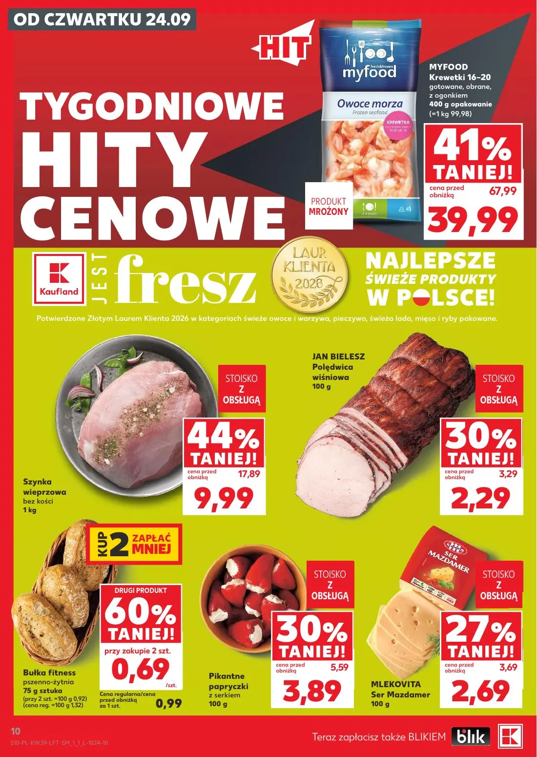Kaufland gazetka, strona 10 z 69 — MYFOOD Krewetki 16-20 gotowane, obrane, z ogonkiem, Szynka wieprzowa bez kości, Pikantne …