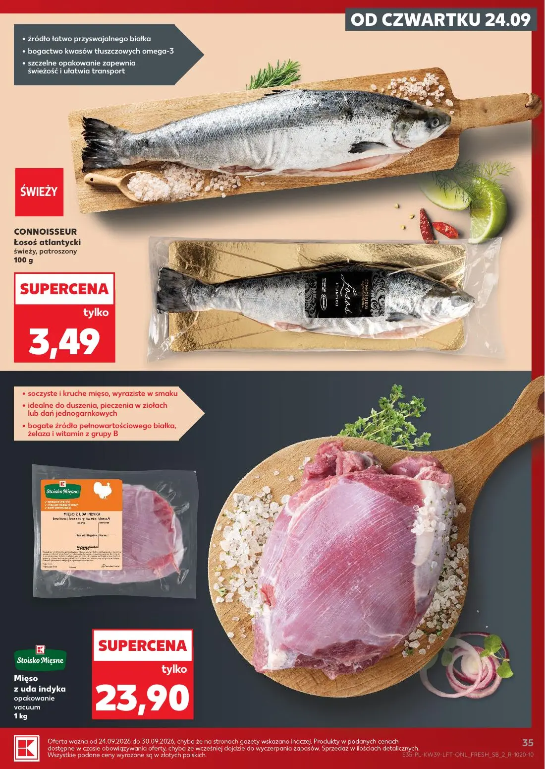 Kaufland gazetka, strona 35 z 69 — CONNOISSEUR Łosoś atlantycki świeży, patroszony, Mięso z uda indyka opakowanie vacuum