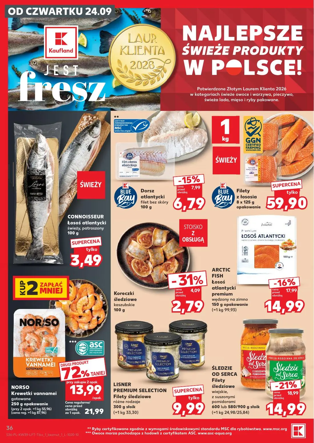 Kaufland gazetka, strona 36 z 69 — NORSO Krewetki vannamei gotowane, ŚLEDZIE OD SERCA Filety śledziowe wiejskie, z suszonymi…