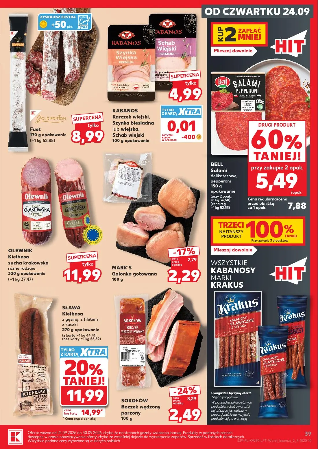 Kaufland gazetka, strona 39 z 69 — Sława Kiełbasa z gęsiną, z filetem z kaczki, Bell Salami delikatesowe, pepperoni, Sokołów…