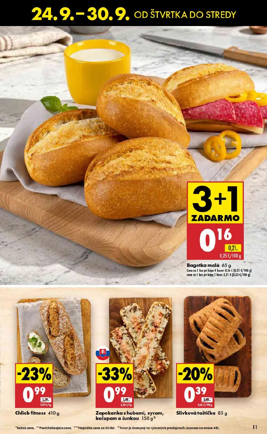 Biedronka leták, strana 11 z 48 — Zapekanka s hubami, syrom, kečupom a šunkou, Chlieb fitness, Slivková taštička