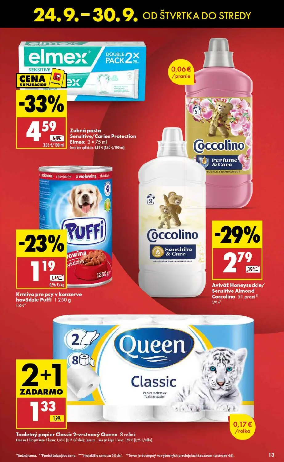 Biedronka leták, strana 13 z 48 — Zubná pasta Sensitive/Caries Protection Elmex, Aviváž Honeysuckle/Sensitive Almond Coccoli…