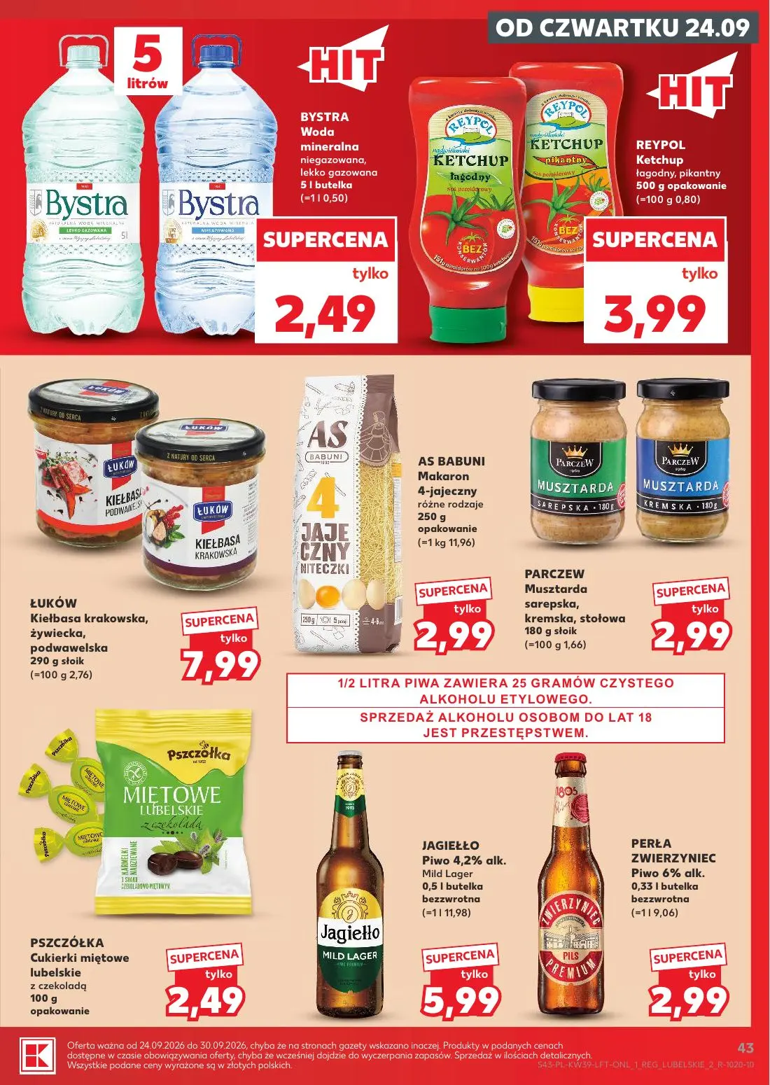 Kaufland gazetka, strona 43 z 69 — BYSTRA Woda mineralna niegazowana, lekko gazowana, REYPOL Ketchup łagodny, pikantny, ŁUKÓ…