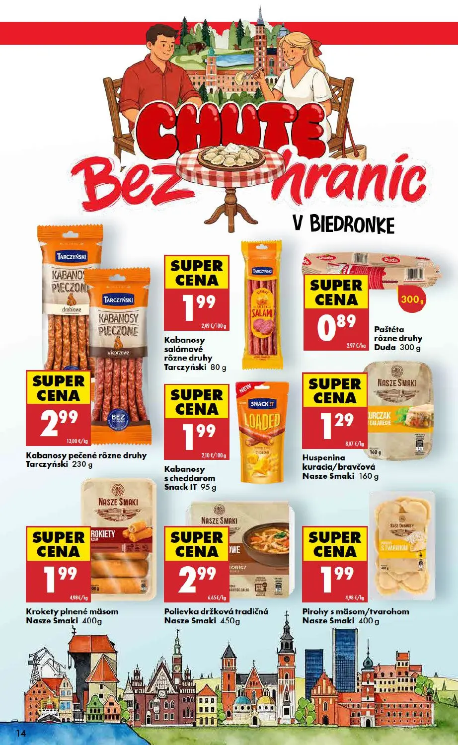 Biedronka leták, strana 14 z 48 — Kabanosy pečené rôzne druhy Tarczyński, Kabanosy salámové rôzne druhy Tarczyński, Paštéta …