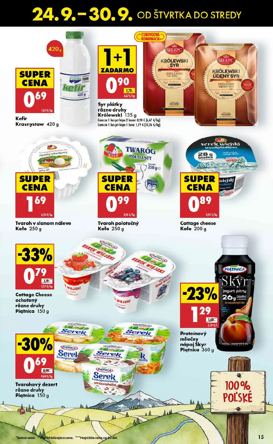 Biedronka leták, strana 15 z 48 — Syr plátky rôzne druhy Królewski, Cottage Cheese ochutený rôzne druhy Piątnica, Proteínový…