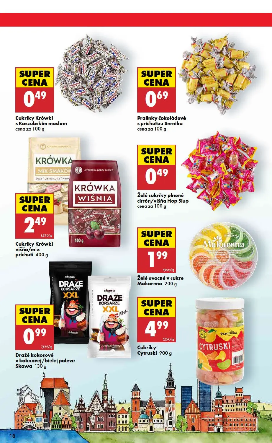 Biedronka leták, strana 18 z 48 — Cukríky Krówki s Kaszubskim maslom, Pralinky čokoládové s príchuťou Sernika, Cukríky Krówk…