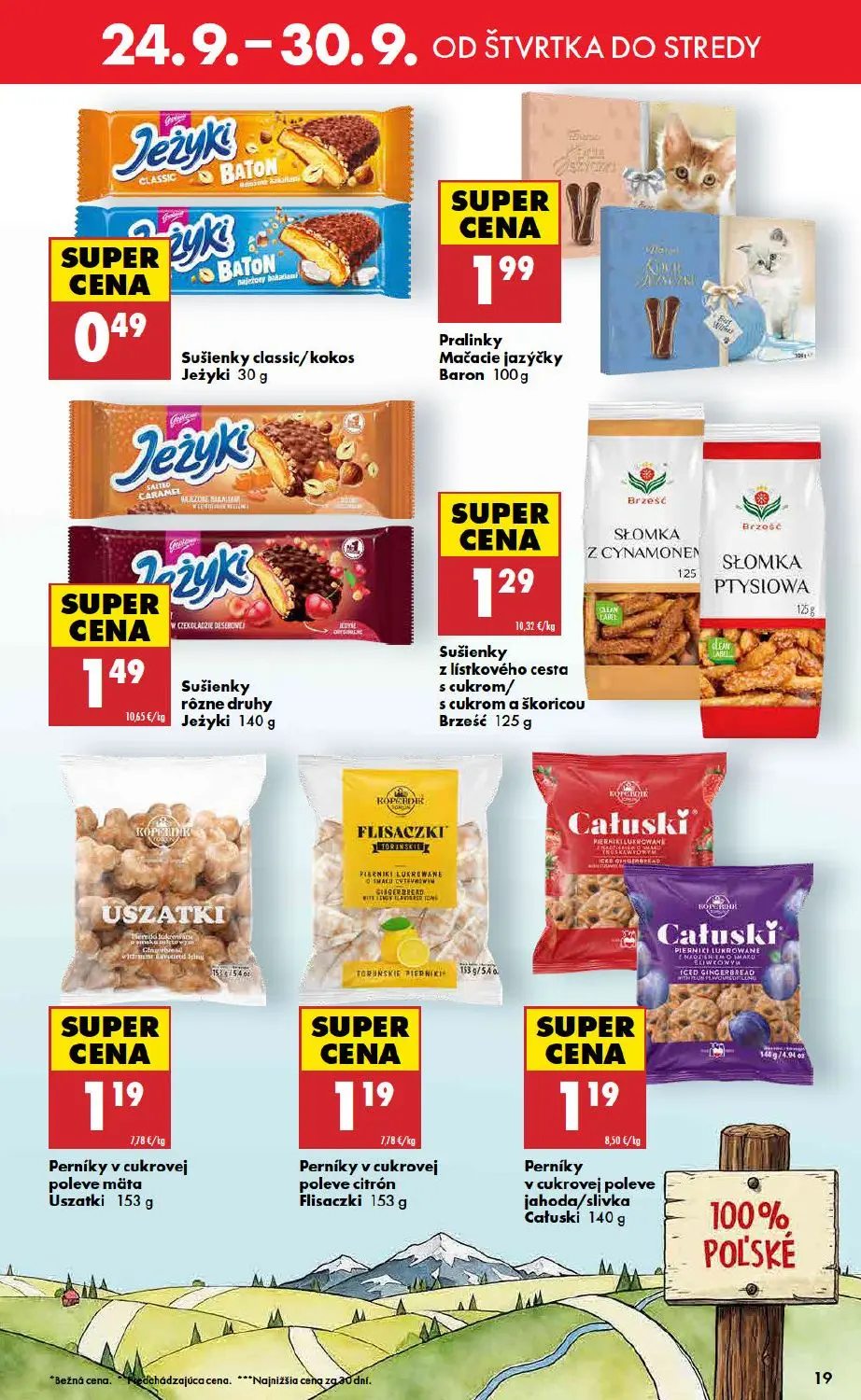 Biedronka leták, strana 19 z 48 — Sušienky classic/kokos Jeżyki, Pralinky Mačacie jazýčky Baron, Sušienky rôzne druhy Jeżyki