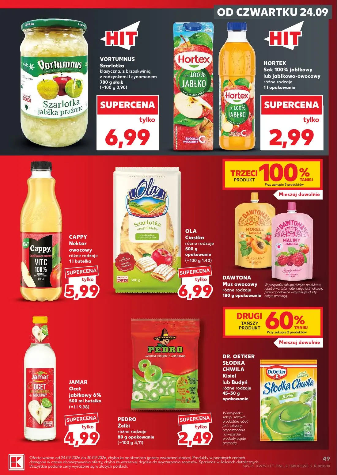 Kaufland gazetka, strona 49 z 69 — VORTUMNUS Szarlotka klasyczna, z brzoskwinią, z rodzynkami i cynamonem, HORTEX Sok 100% j…
