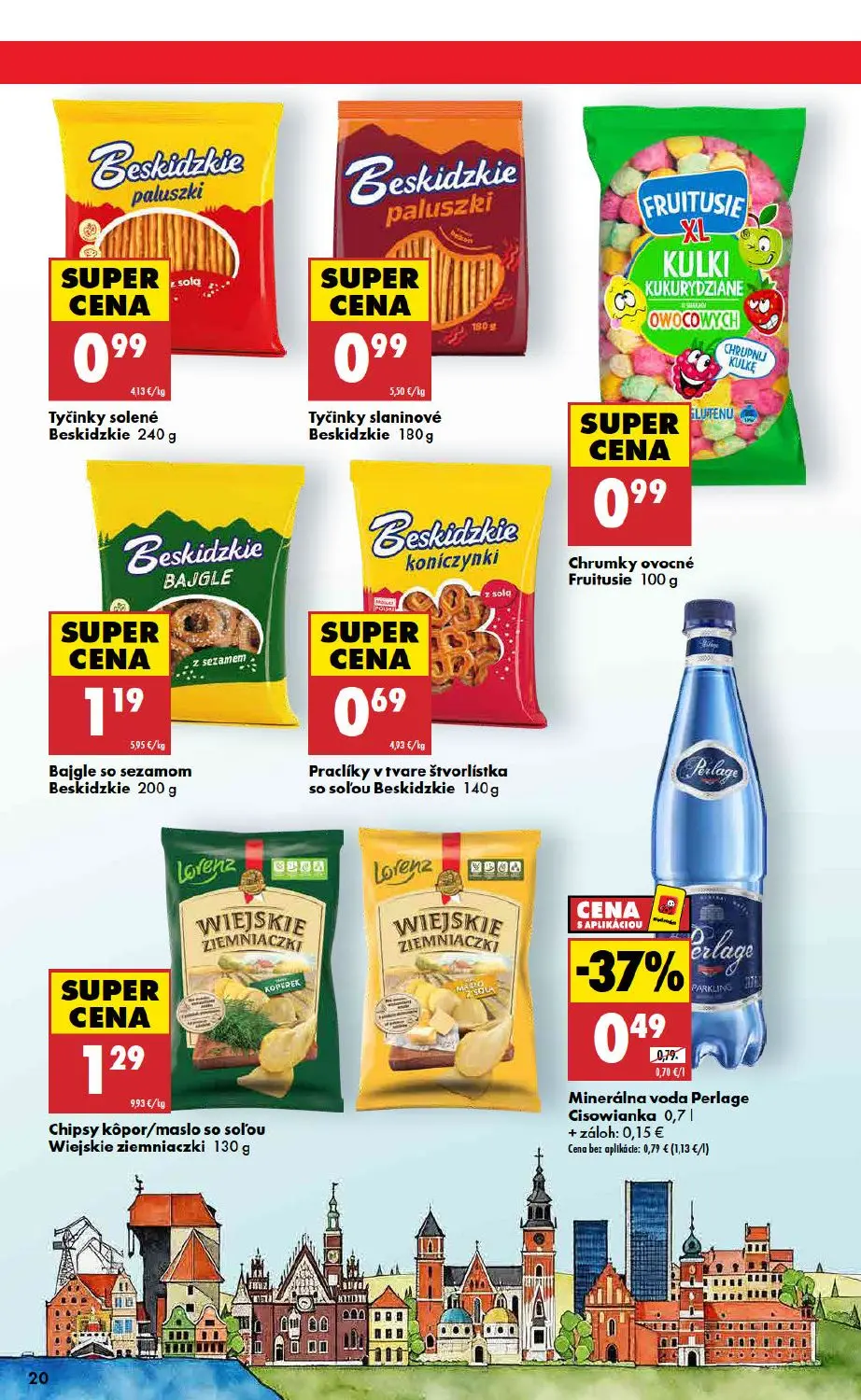 Biedronka leták, strana 20 z 48 — Minerálna voda Perlage Cisowianka, Tyčinky solené Beskidzkie, Tyčinky slaninové Beskidzkie