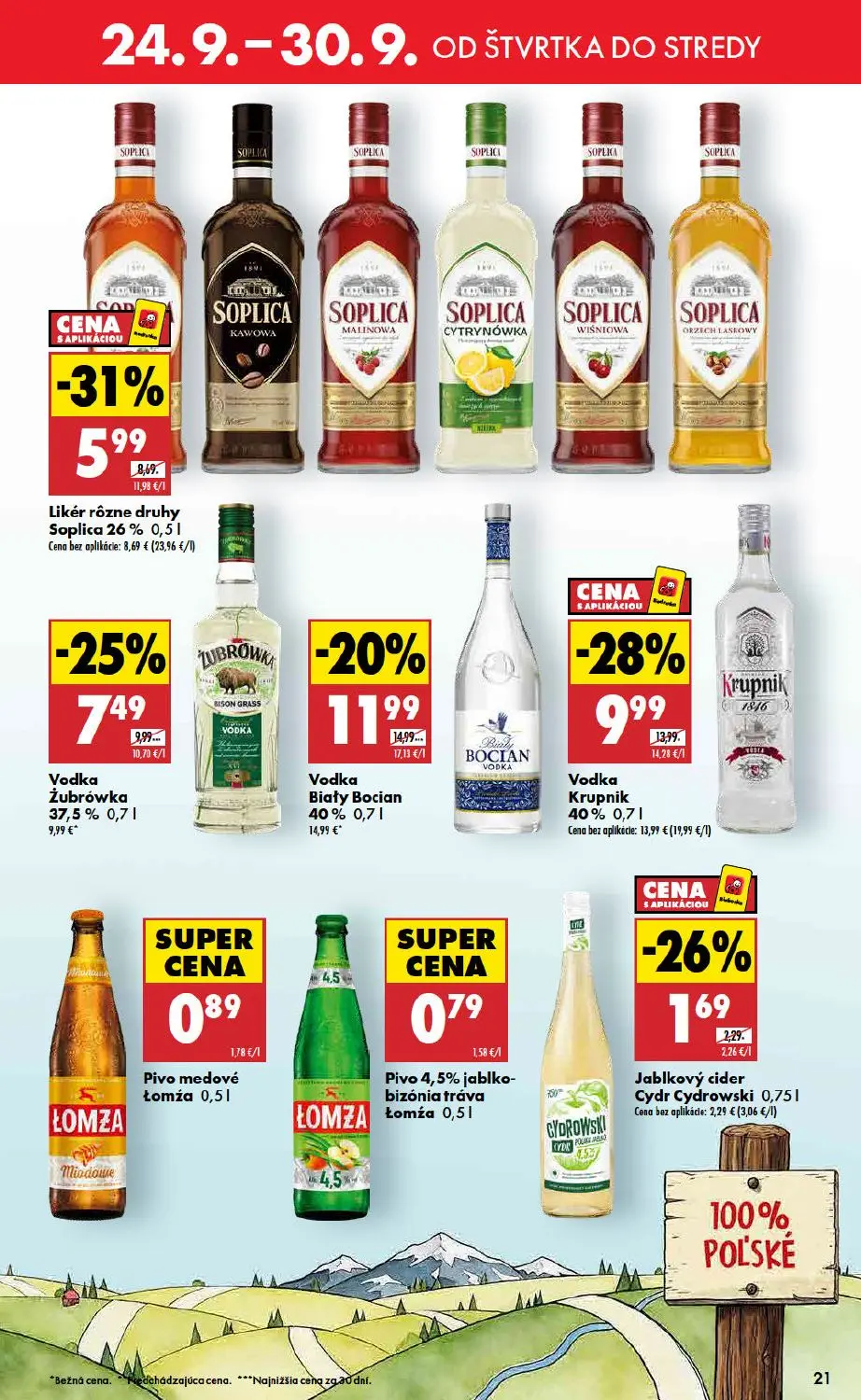 Biedronka leták, strana 21 z 48 — Vodka Krupnik, Vodka Biały Bocian, Likér rôzne druhy Soplica 26%