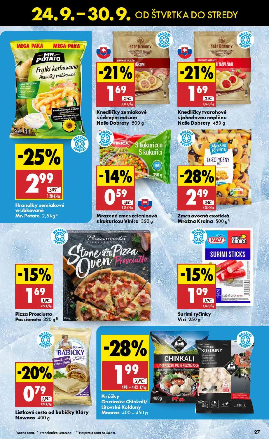 Biedronka leták, strana 27 z 48 — Hranolky zemiakové vrúbkované Mr. Potato, Zmes ovocná exotická Mroźna Kraina, Pirôžky Gruz…