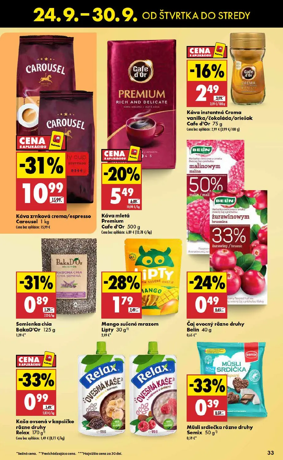 Biedronka leták, strana 33 z 48 — Káva zrnková crema/espresso Carousel, Káva mletá Premium Cafe d'Or, Mango sušené mrazom Li…
