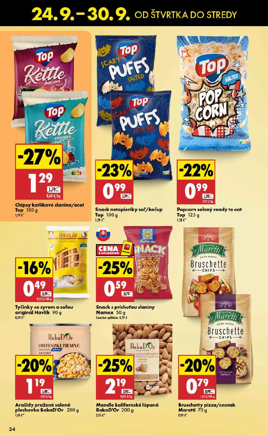 Biedronka leták, strana 34 z 48 — Mandle kalifornské lúpané Baka D'Or, Chipsy kotlíkové slanina/ocot Top, Snack netopieriky …