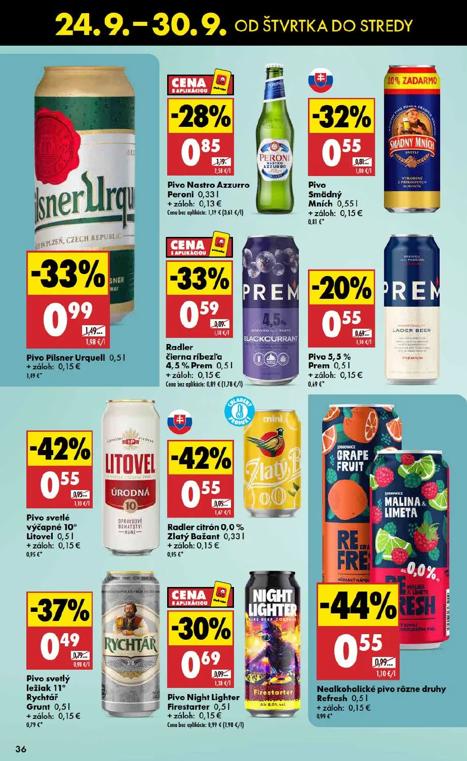 Biedronka leták, strana 36 z 48 — Pivo Pilsner Urquell, Nealkoholické pivo rôzne druhy Refresh, Pivo svetlé výčapné 10° Lito…