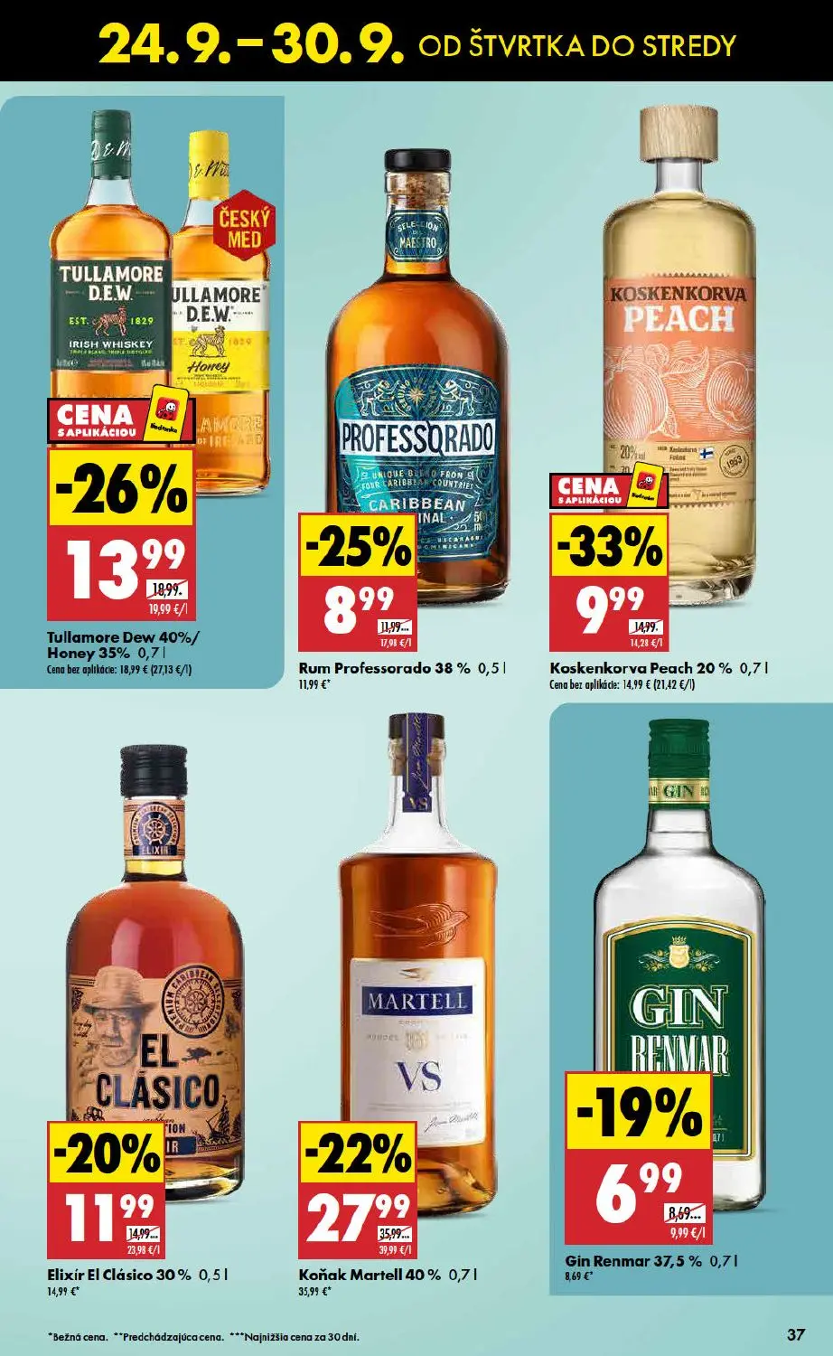Biedronka leták, strana 37 z 48 — Koňak Martell 40%, Tullamore Dew 40%/Honey 35%, Koskenkorva Peach 20%