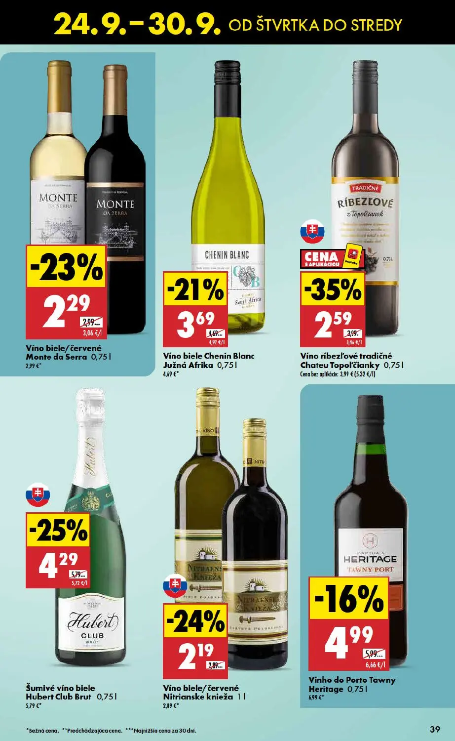 Biedronka leták, strana 39 z 48 — Vinho do Porto Tawny Heritage, Šumivé víno biele Hubert Club Brut, Víno ríbezľové tradičné…