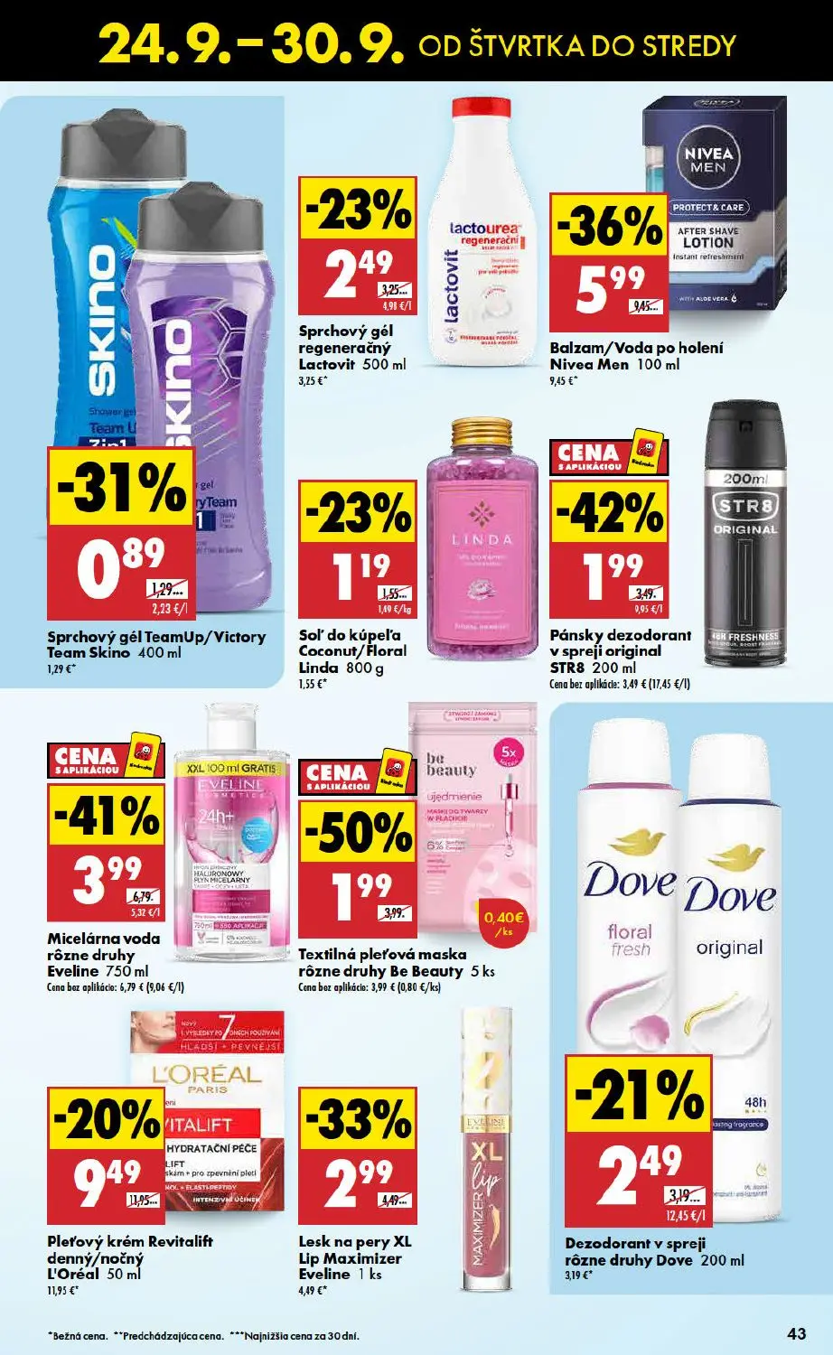 Biedronka leták, strana 43 z 48 — Balzam/Voda po holení Nivea Men, Micelárna voda rôzne druhy Eveline, Pleťový krém Revitali…