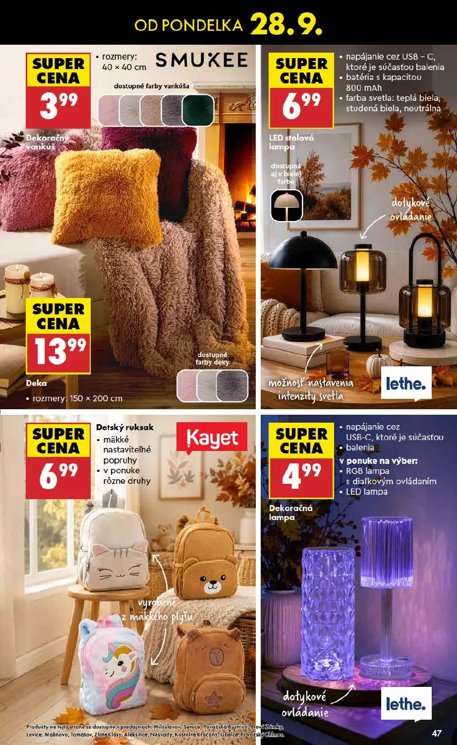 Biedronka leták, strana 47 z 48 — Dekoračný vankúš SMUXEE, LED stolová lampa, Deka