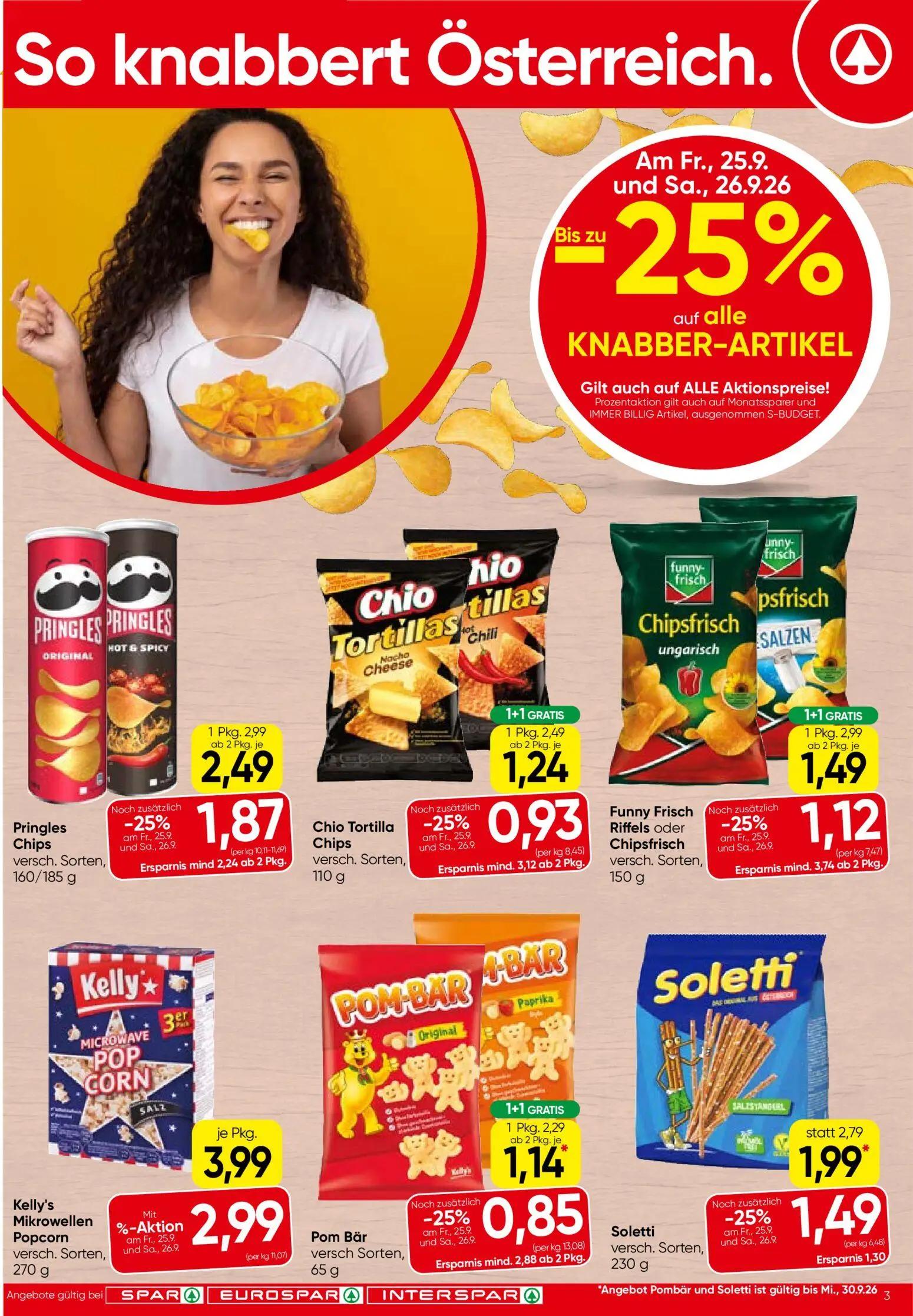 Spar Prospekt, Seite 3 von 20 — Funny Frisch Riffels oder Chipsfrisch, Chio Tortilla Chips, Pom Bär