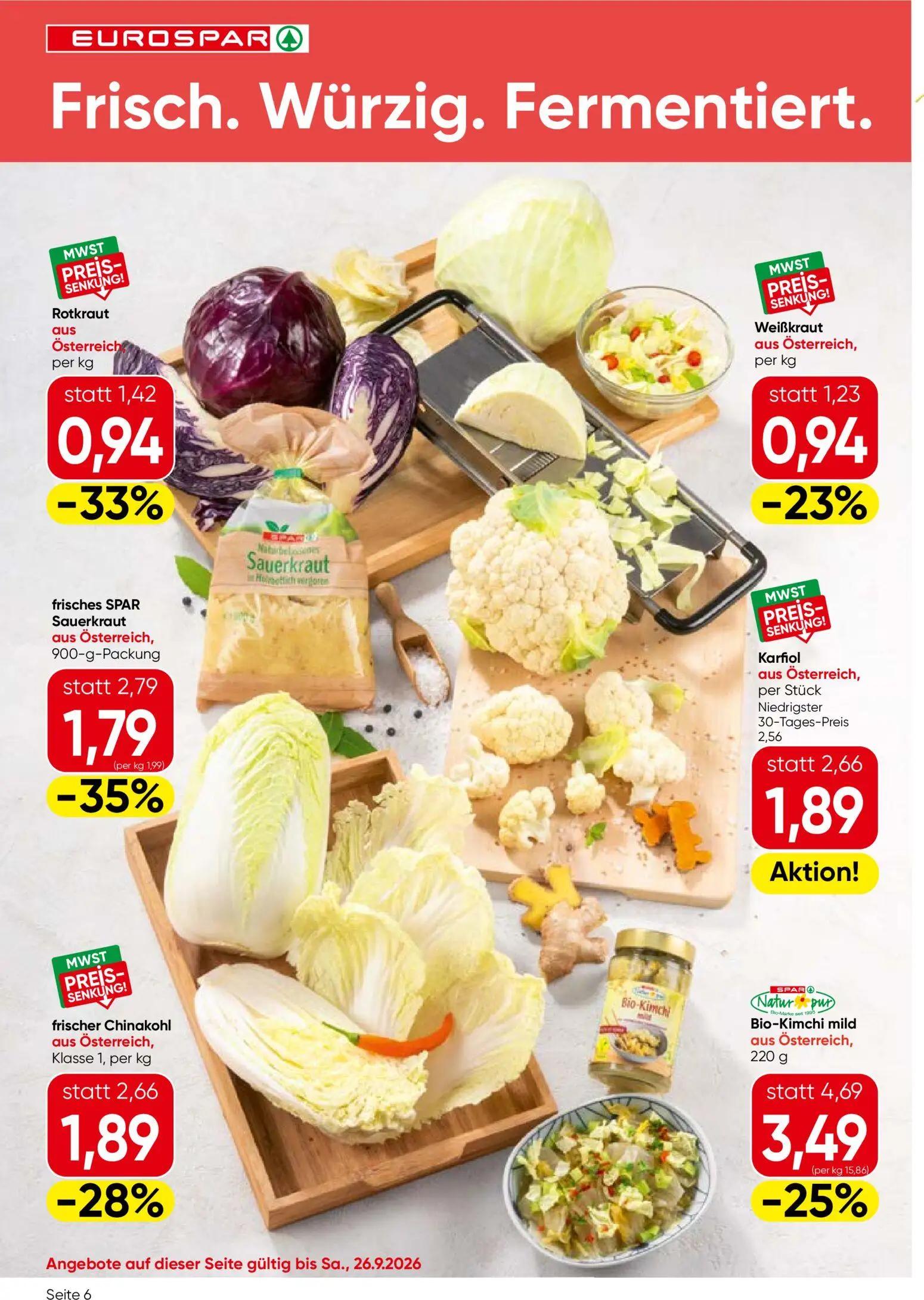 Eurospar Prospekt, Seite 6 von 16 — Bio-Kimchi mild, frisches SPAR Sauerkraut, Karfiol