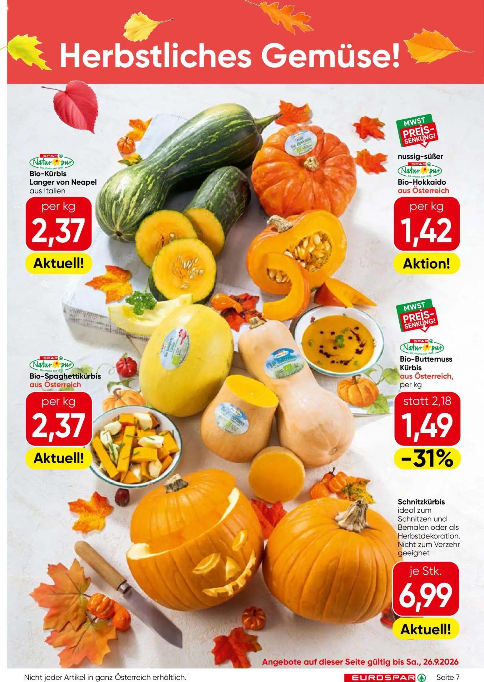 Eurospar Prospekt, Seite 7 von 16 — Bio-Butternuss Kürbis, Bio-Kürbis Langer von Neapel, nussig-süßer Bio-Hokkaido