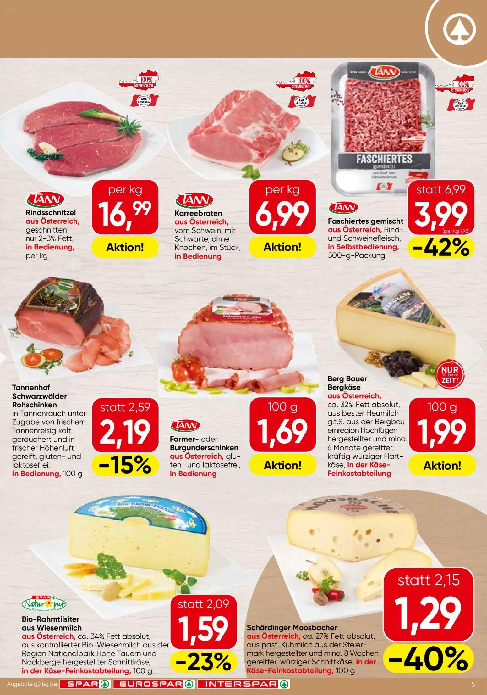 Spar Prospekt, Seite 5 von 20 — Faschiertes gemischt aus Österreich, Rind- und Schweinefleisch, in Selbstbedienung, Schärdin…
