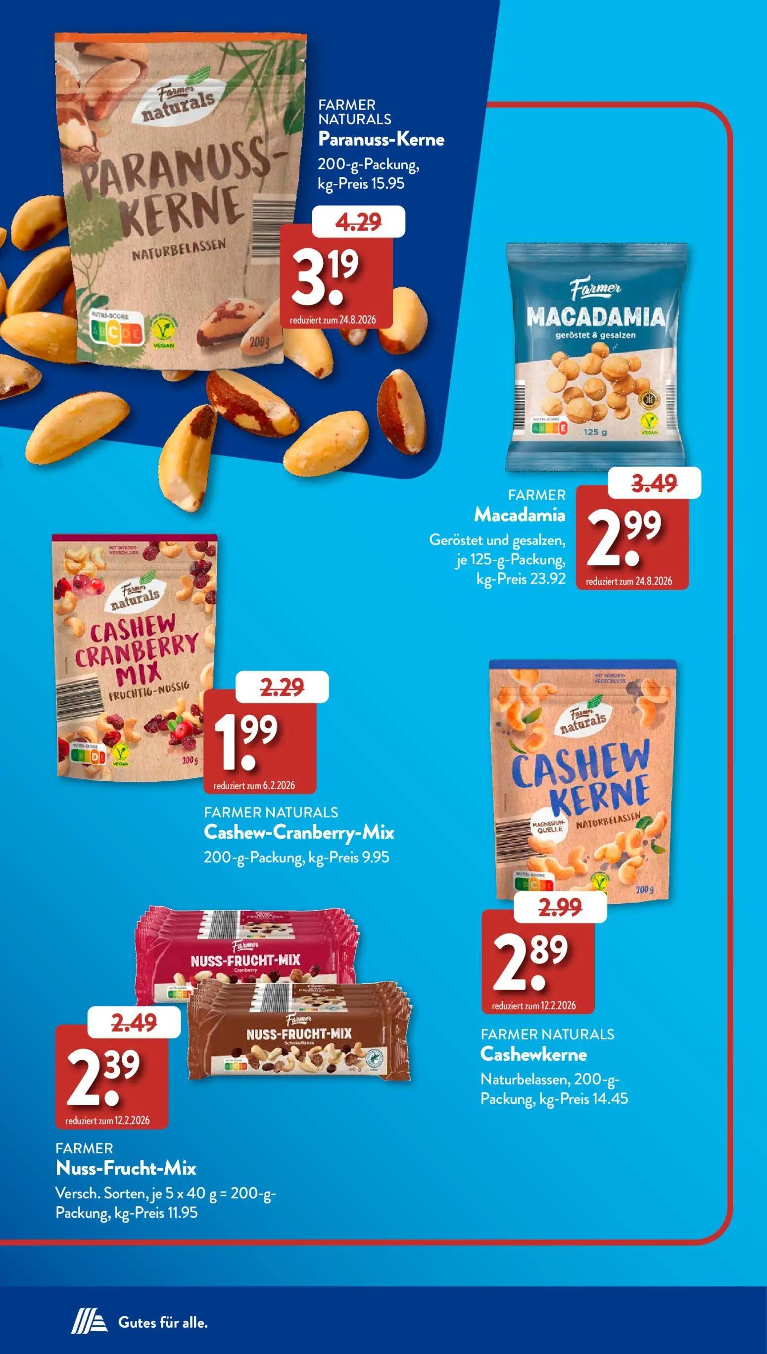 Aldi Süd Prospekt, Seite 4 von 60 — Paranuss-Kerne, Macadamia Geröstet und gesalzen, Cashew-Cranberry-Mix