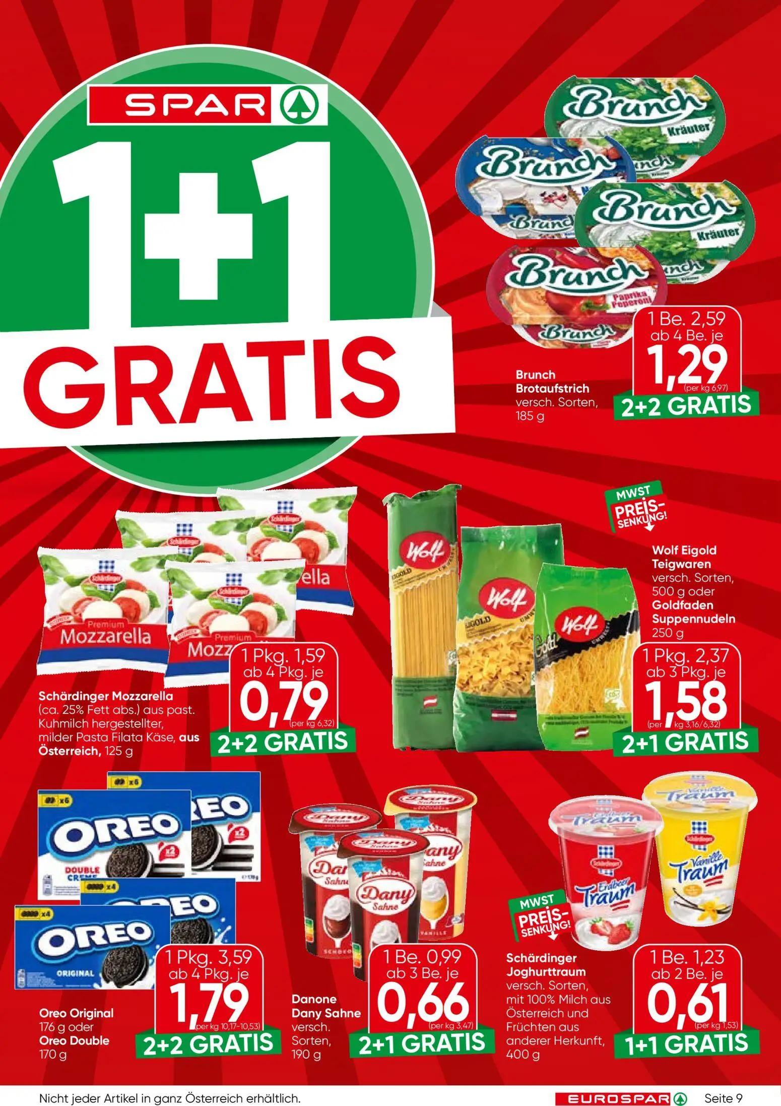 Eurospar Prospekt, Seite 9 von 16 — Oreo Original, Brunch Brotaufstrich, Schärdinger Mozzarella (ca. 25% Fett abs.) aus past…