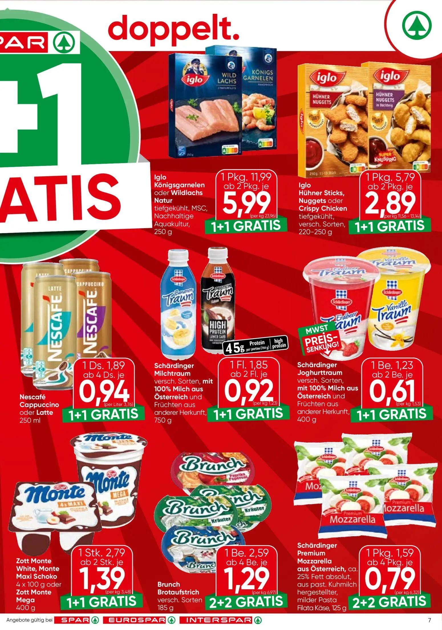 Spar Prospekt, Seite 7 von 20 — Iglo Königsgarnelen oder Wildlachs Natur tiefgekühlt, MSC, Nachhaltige Aquakultur, Iglo Hühn…