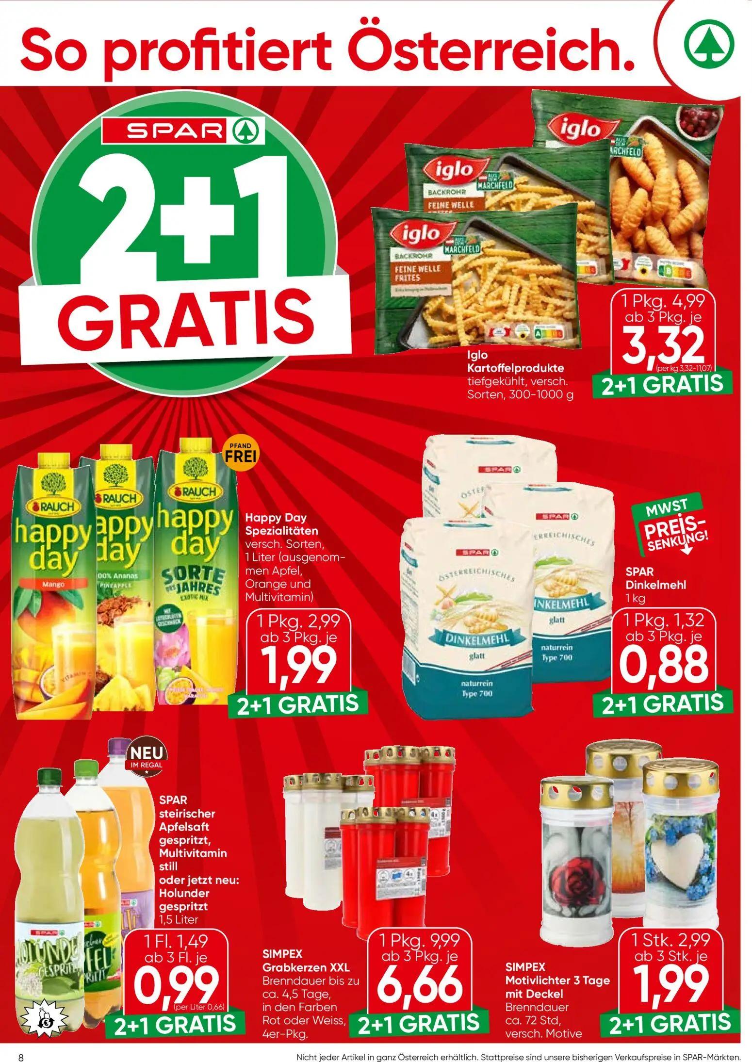 Spar Prospekt, Seite 8 von 20 — SIMPEX Grabkerzen XXL, Iglo Kartoffelprodukte tiefgekühlt, versch. Sorten, 300-1000 g, Happy…