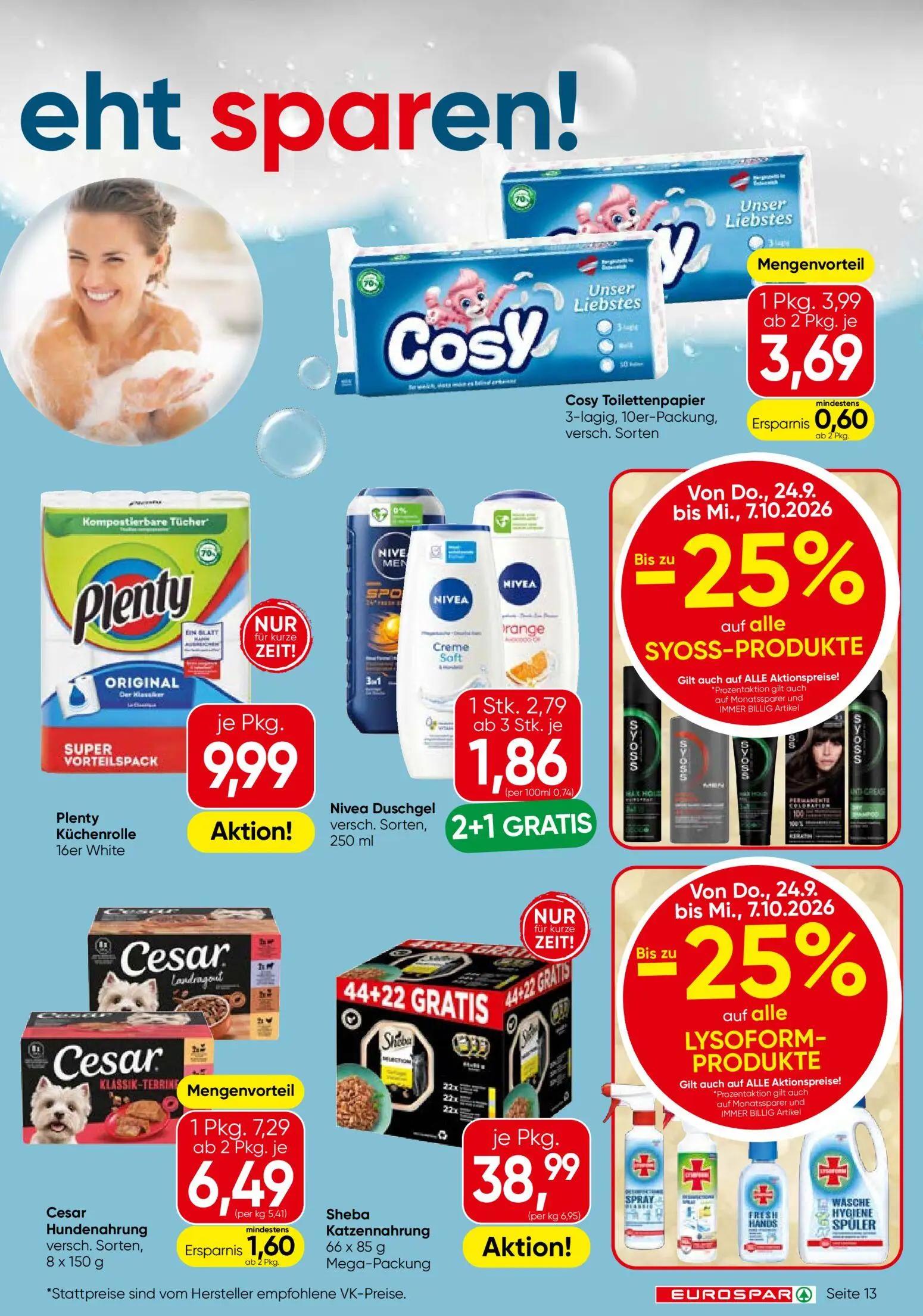 Eurospar Prospekt, Seite 13 von 16 — Nivea Duschgel, Cesar Hundenahrung, Cosy Toilettenpapier